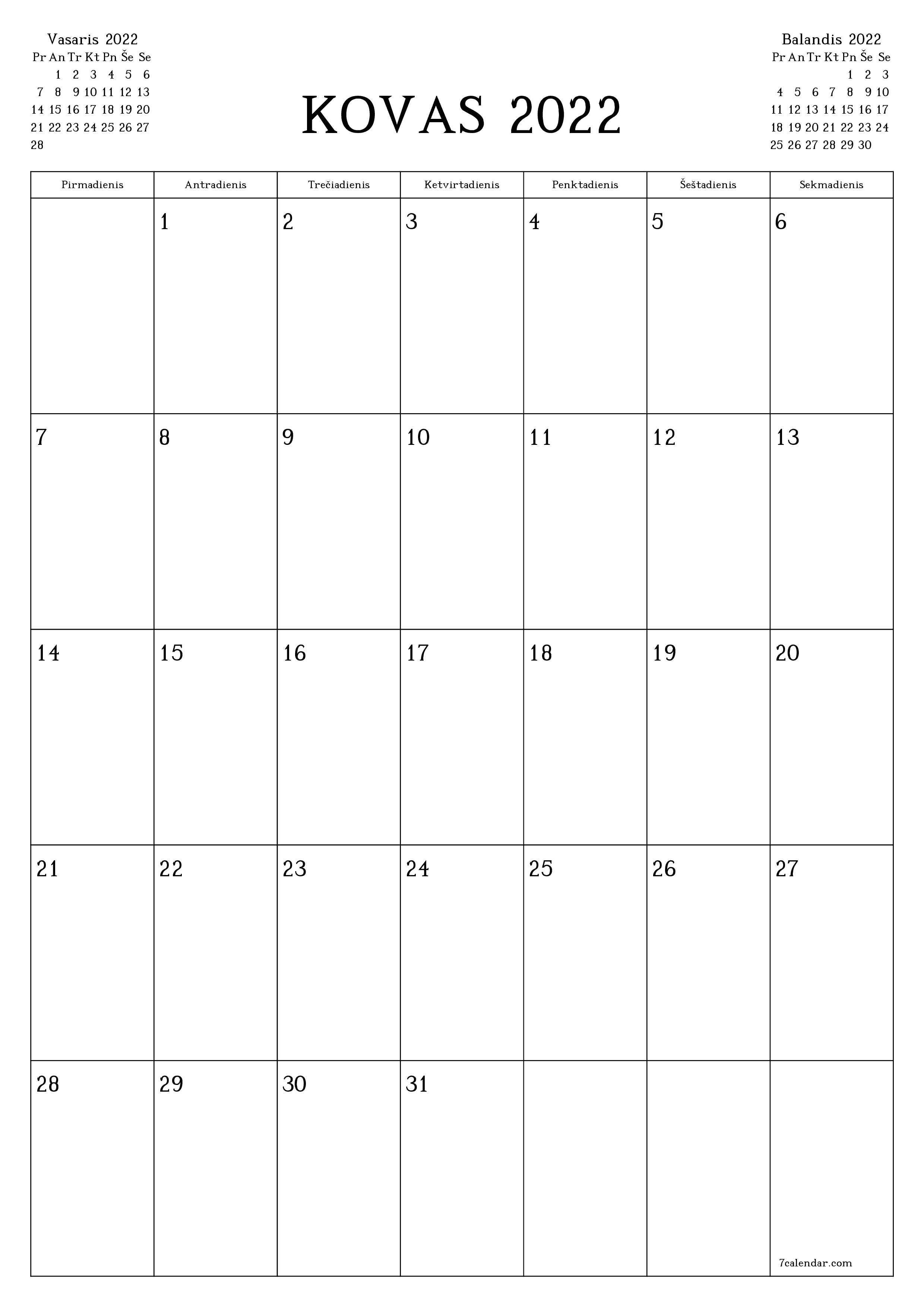 spausdinamas sieninis kalendoriaus šabloną nemokamas vertikaliai Kas mėnesį planuotojas kalendorius Kovas (Kov) 2022