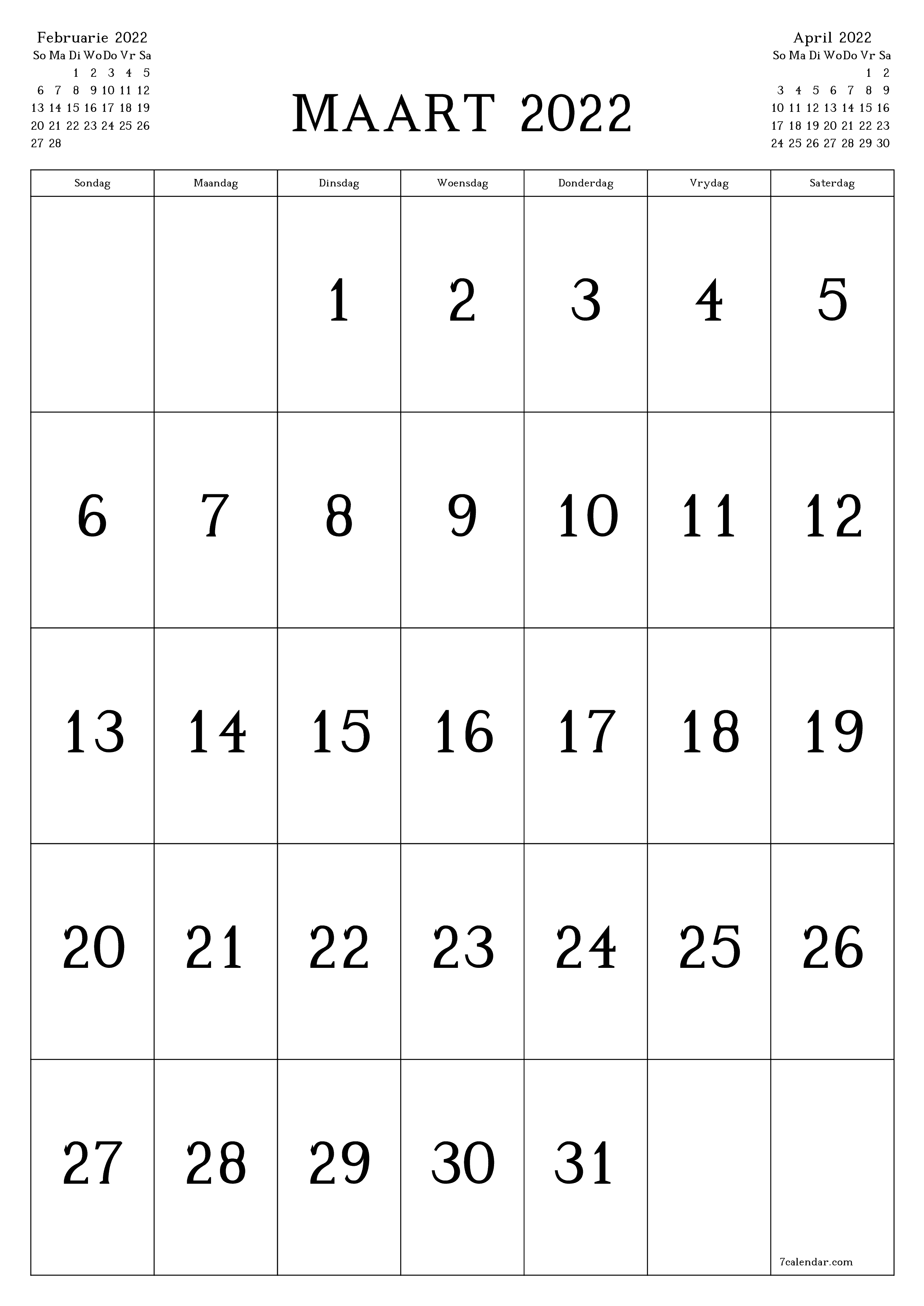 Leë maandelikse drukbare kalender en beplanner vir maand Maart 2022 met notas stoor en druk na PDF PNG Afrikaans - 7calendar.com