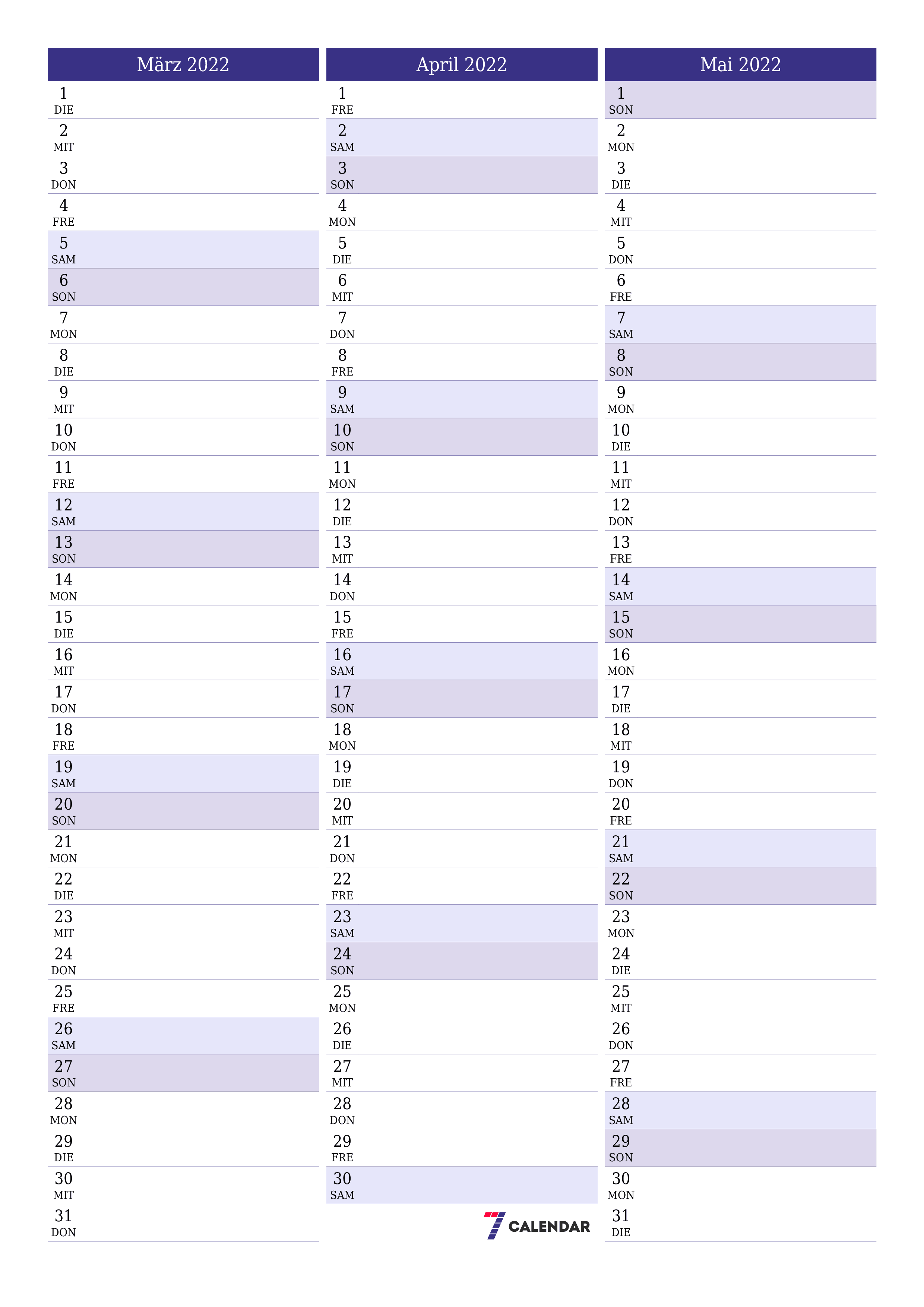 Monatsplaner für Monat März 2022 mit Notizen leeren, speichern und als PDF PNG German - 7calendar.com drucken