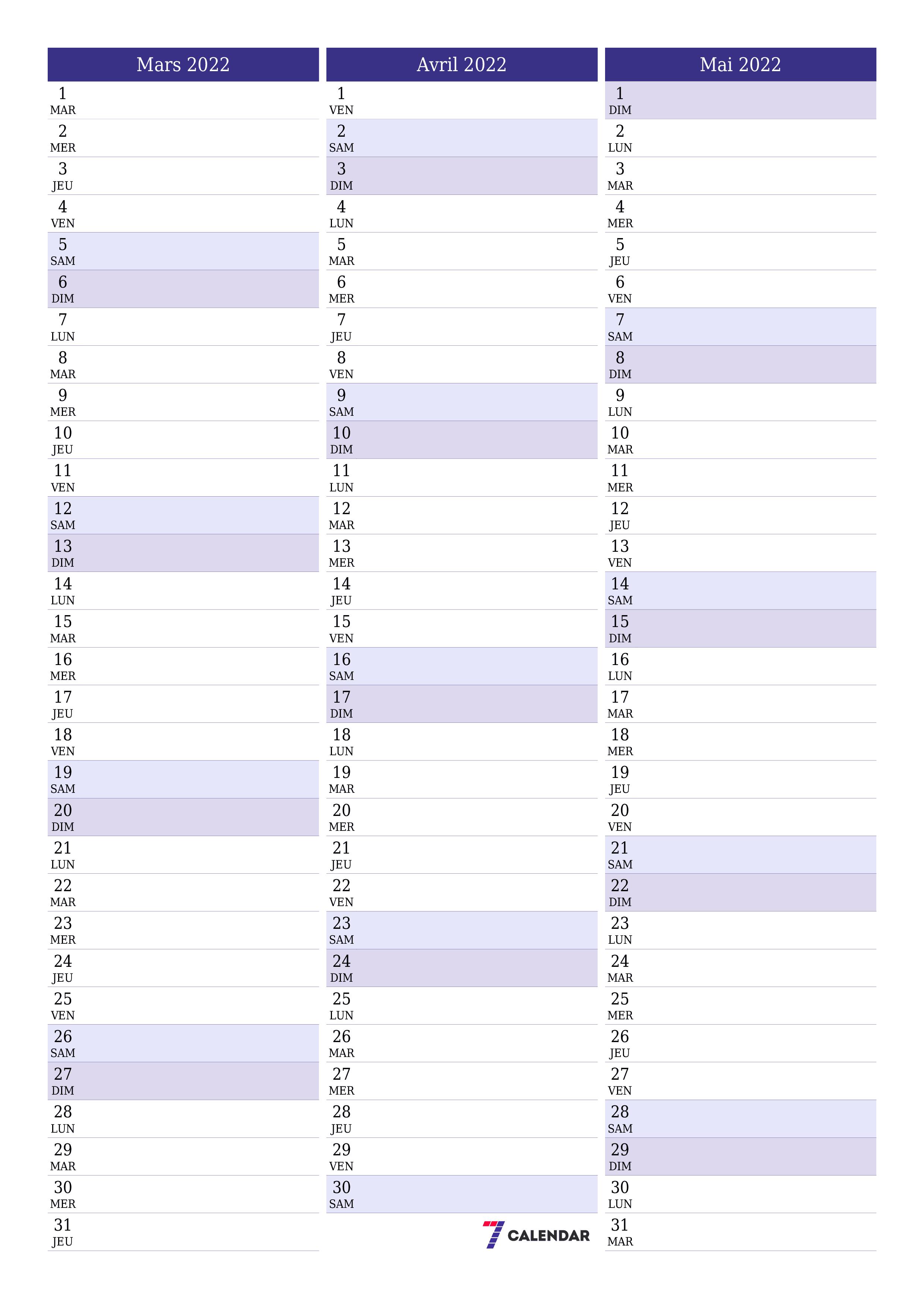 Agenda mensuel vide pour le mois Mars 2022 avec notes, enregistrez et imprimez au format PDF PNG French