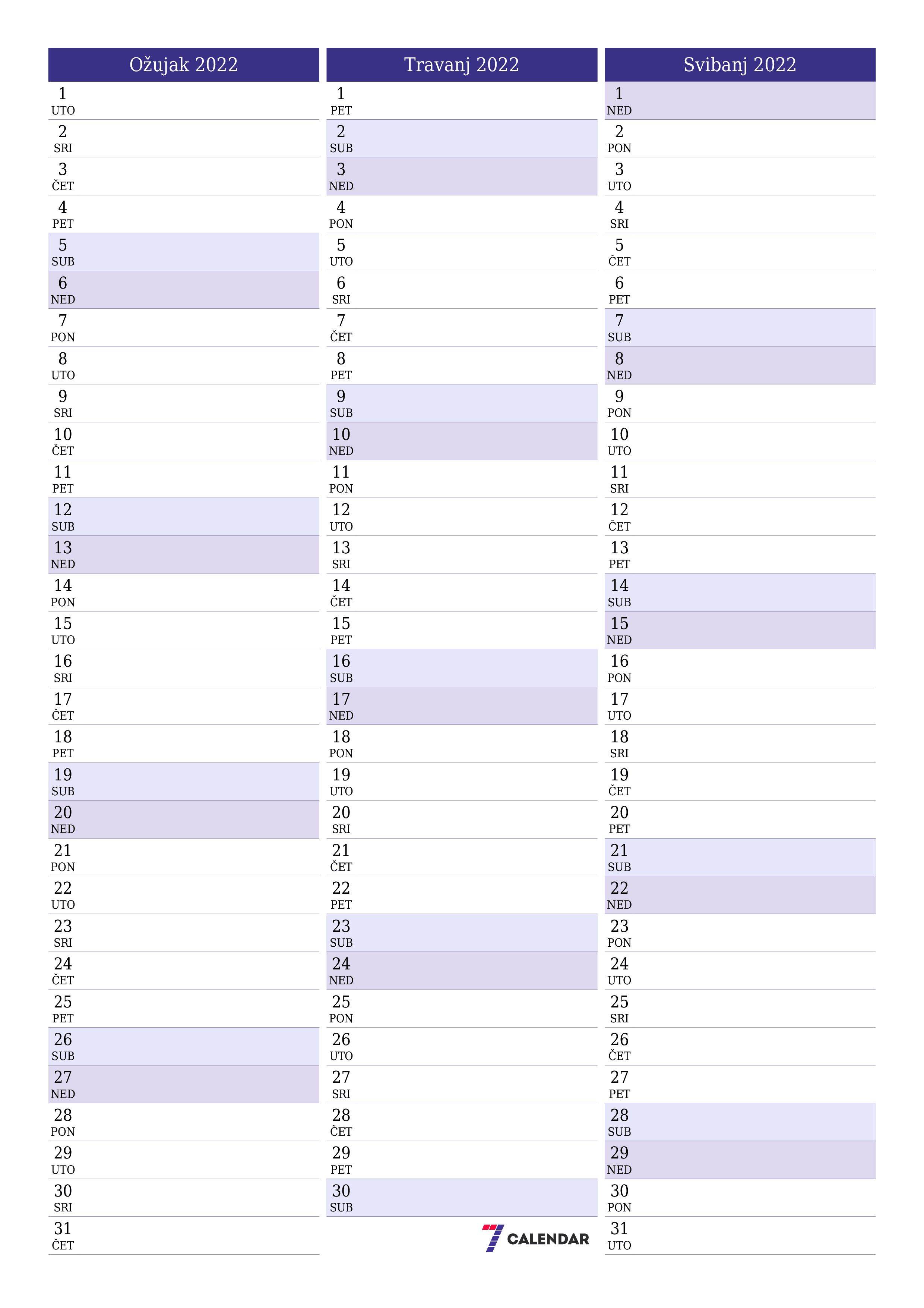  za ispis zidni predložak a besplatni okomito Mjesečni planer kalendar Ožujak (Ožu) 2022