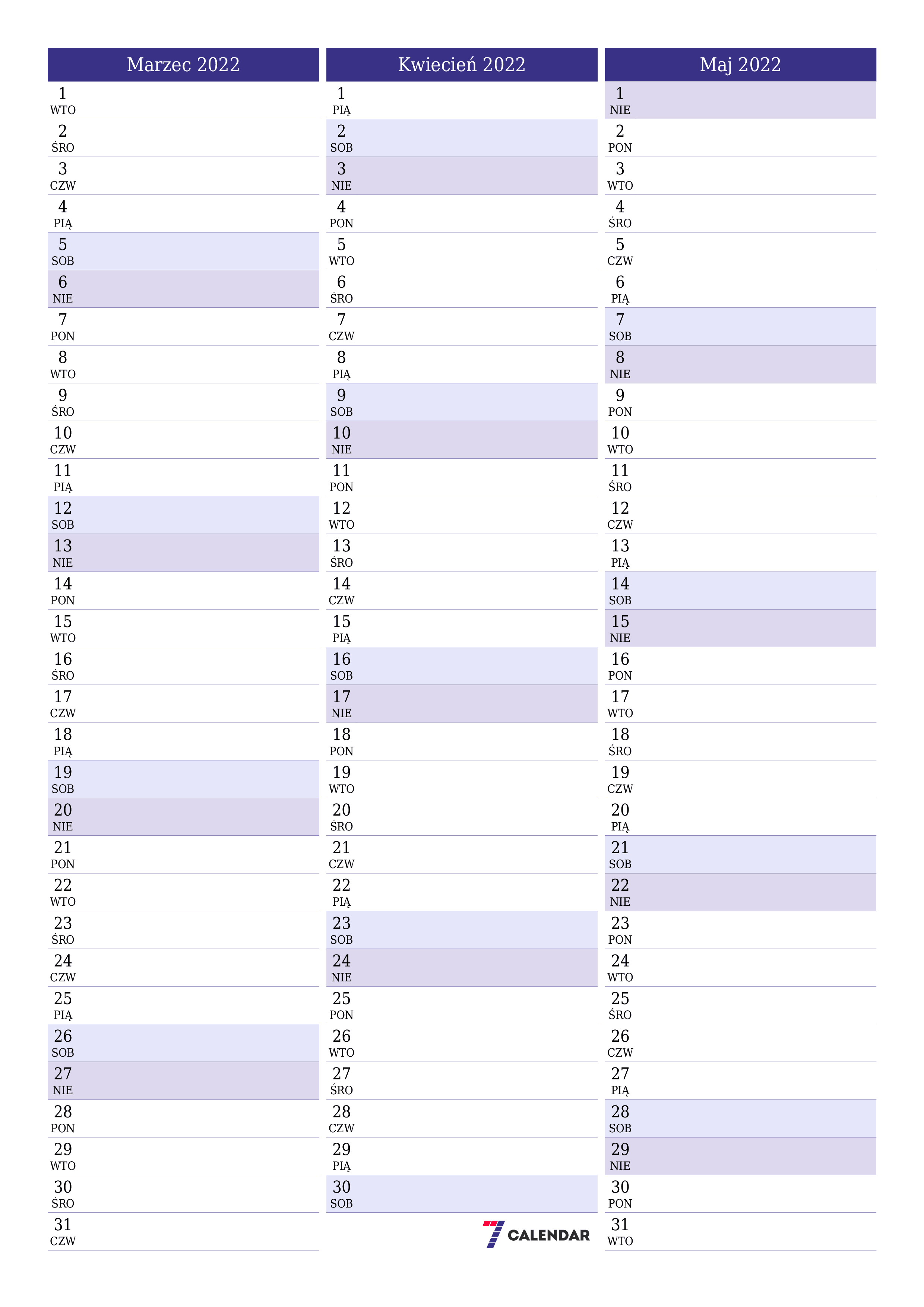 Opróżnij miesięczny planer na miesiąc Marzec 2022 z notatkami, zapisz i wydrukuj w formacie PDF PNG Polish