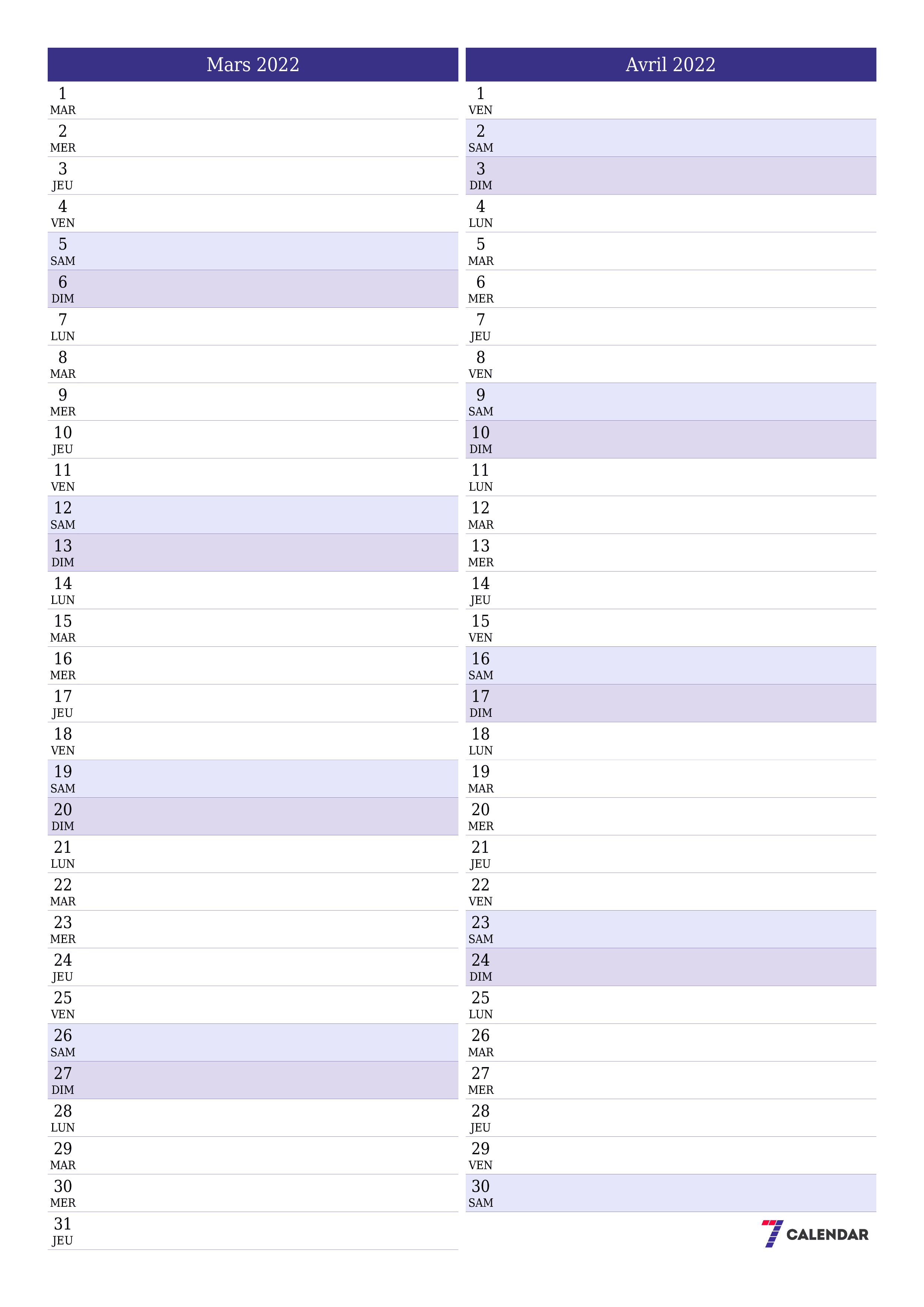 Agenda mensuel vide pour le mois Mars 2022 avec notes, enregistrez et imprimez au format PDF PNG French