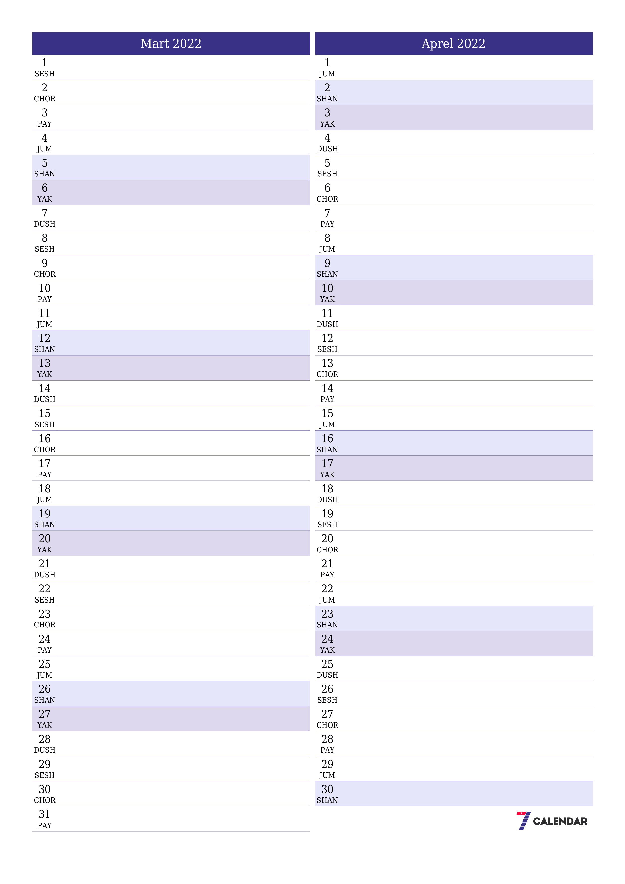 Mart 2022 oylik oylik rejalashtiruvchini yozuvlar bilan bo'shatish, saqlash va PDF-ga chop etish PNG Uzbek