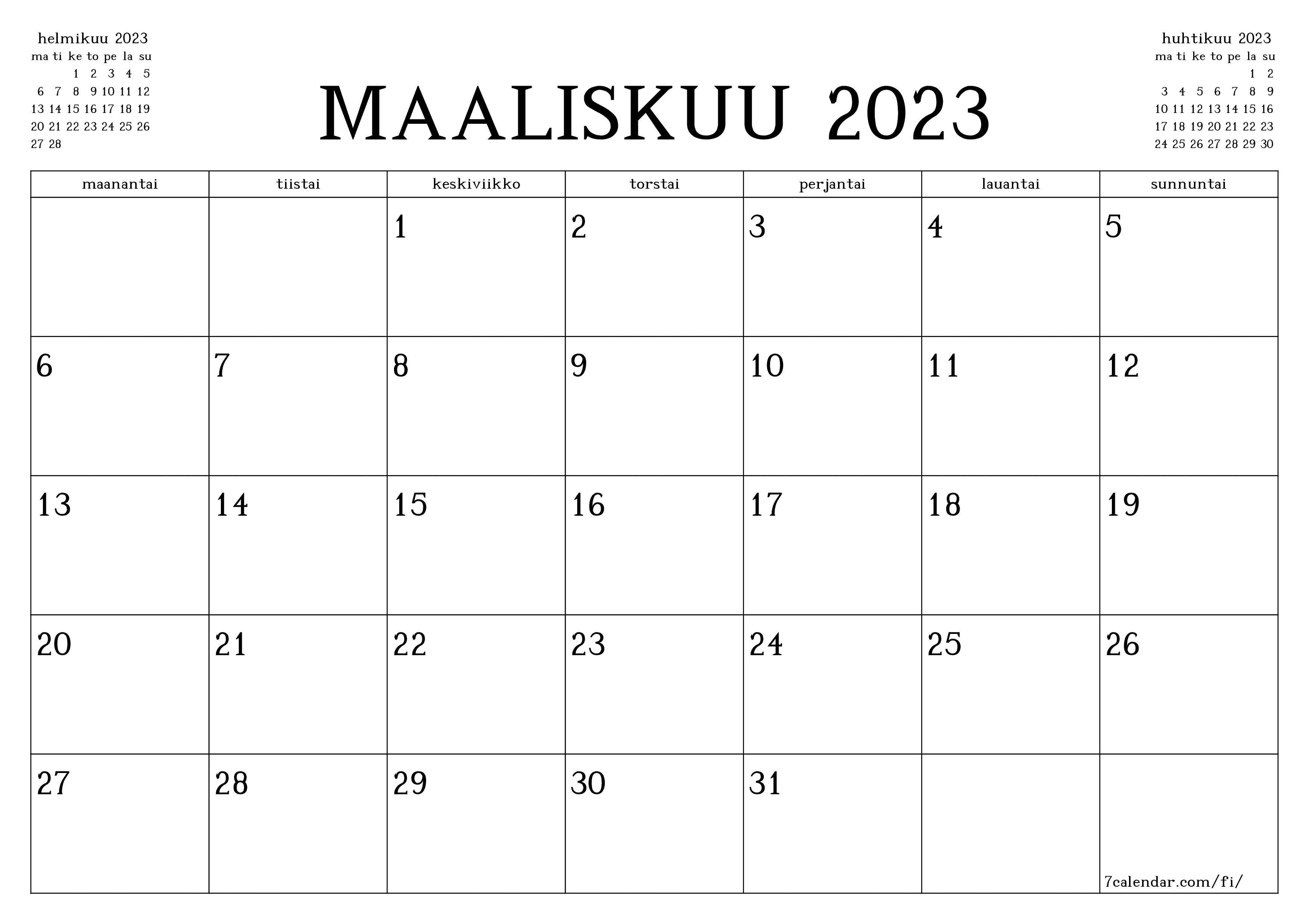Tyhjennä kuukausittainen suunnittelija kuukaudelle maaliskuu 2023 muistiinpanoilla, tallenna ja tulosta PDF-muotoon PNG Finnish