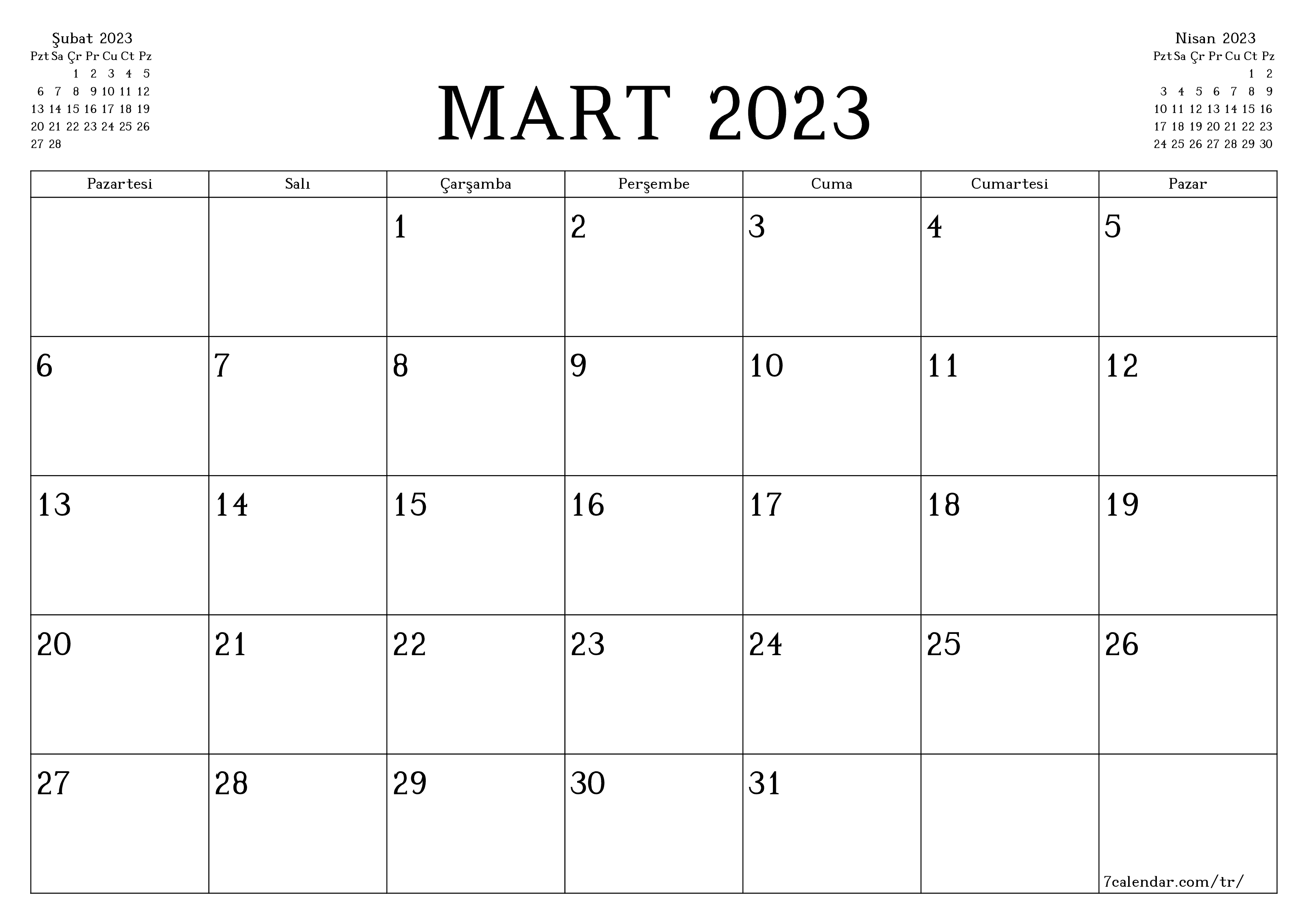 Mart 2023 ayı için notlarla birlikte boş aylık planlayıcı, kaydedin ve PDF'ye yazdırın PNG Turkish - 7calendar.com