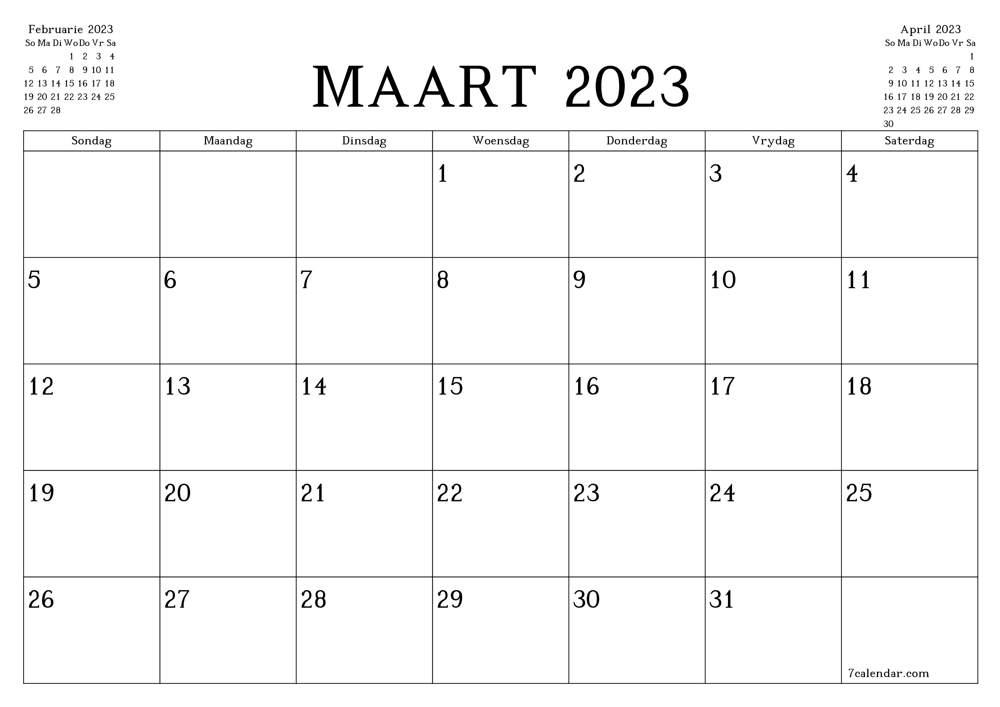 Leë maandelikse drukbare kalender en beplanner vir maand Maart 2023 met notas stoor en druk na PDF PNG Afrikaans