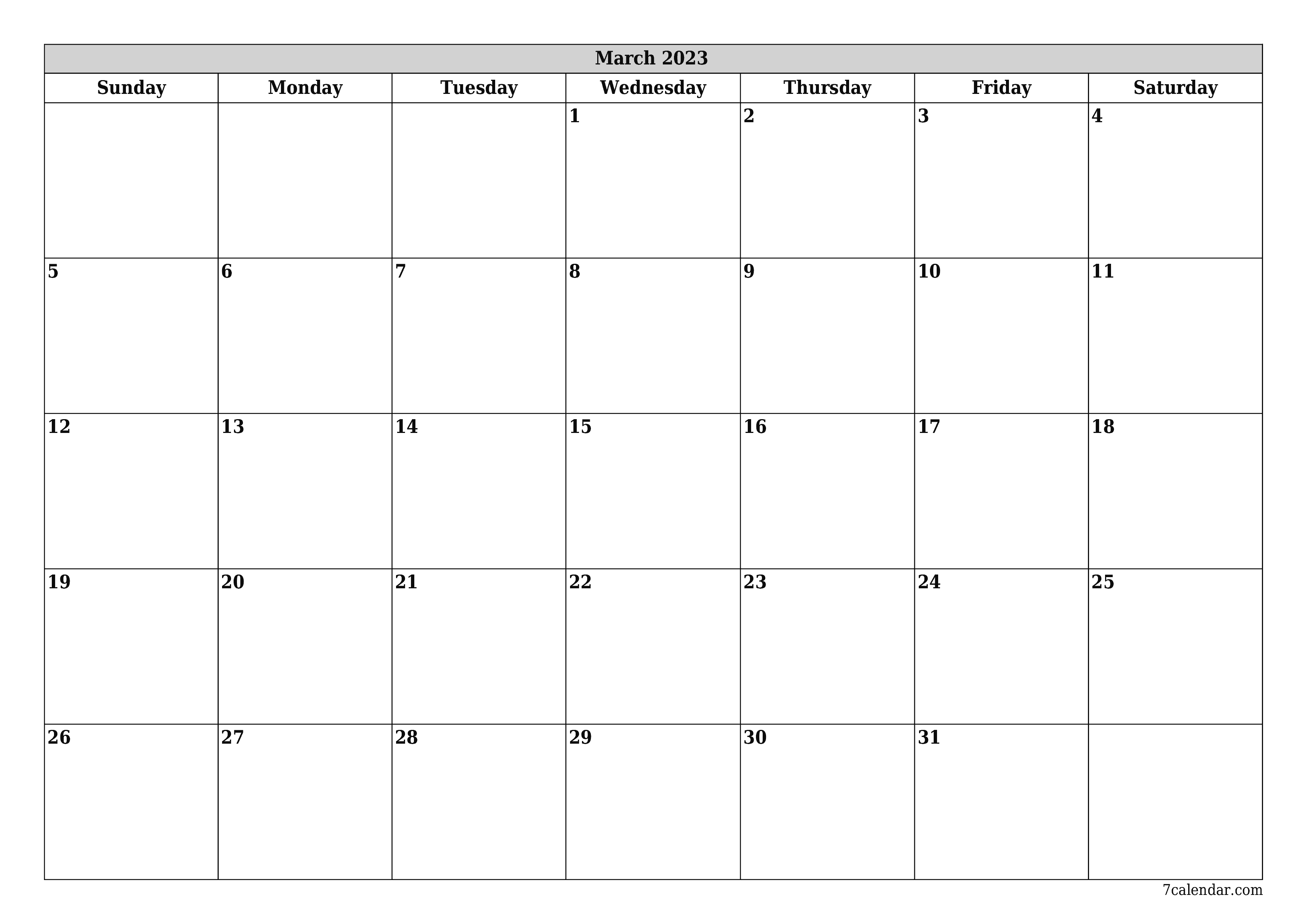 printable wall template free horizontal Monthly planner calendar March (Mar) 2023