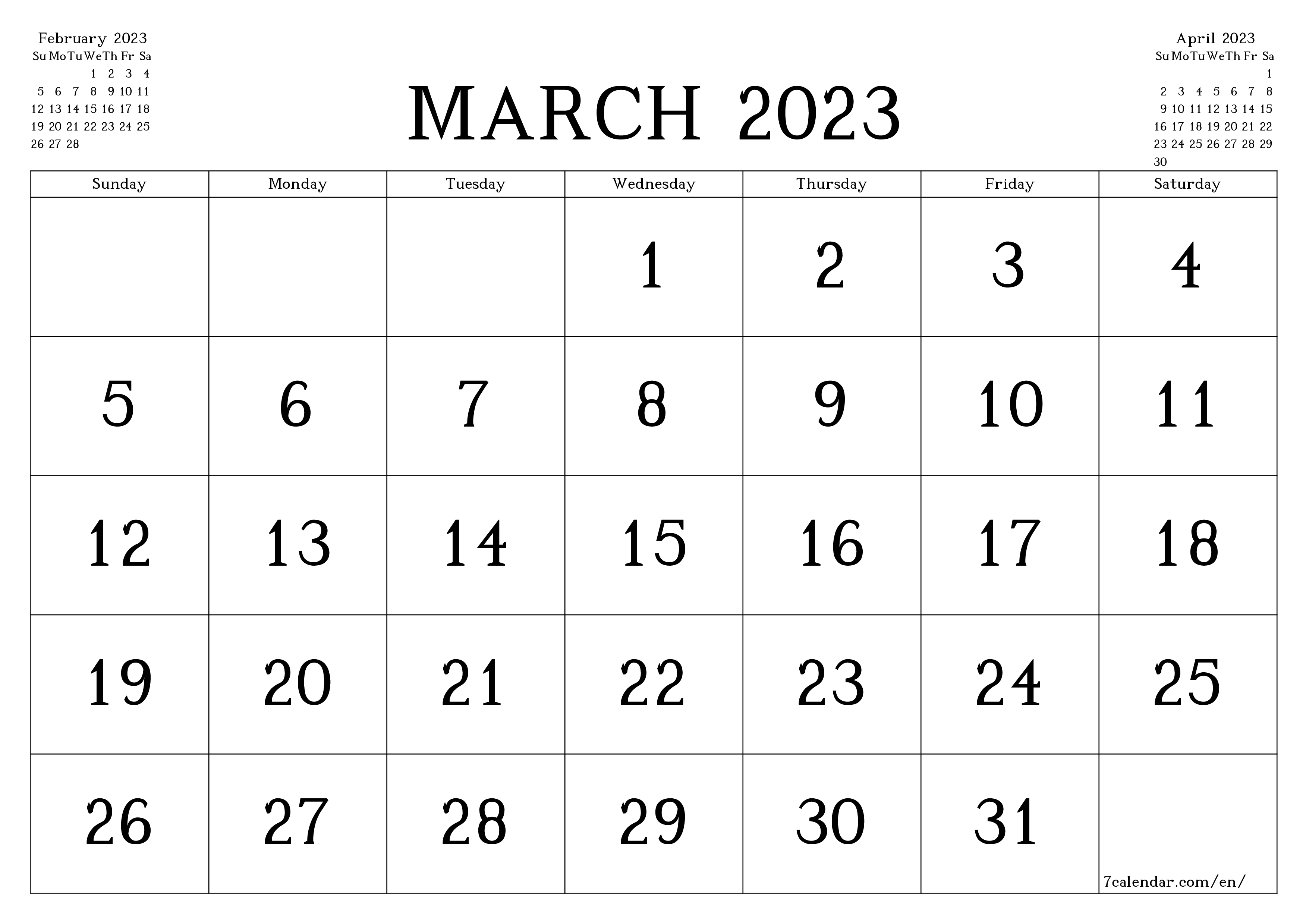Blank monthly printable calendar and planner for month March 2023 with notes save and print to PDF PNG English - 7calendar.com