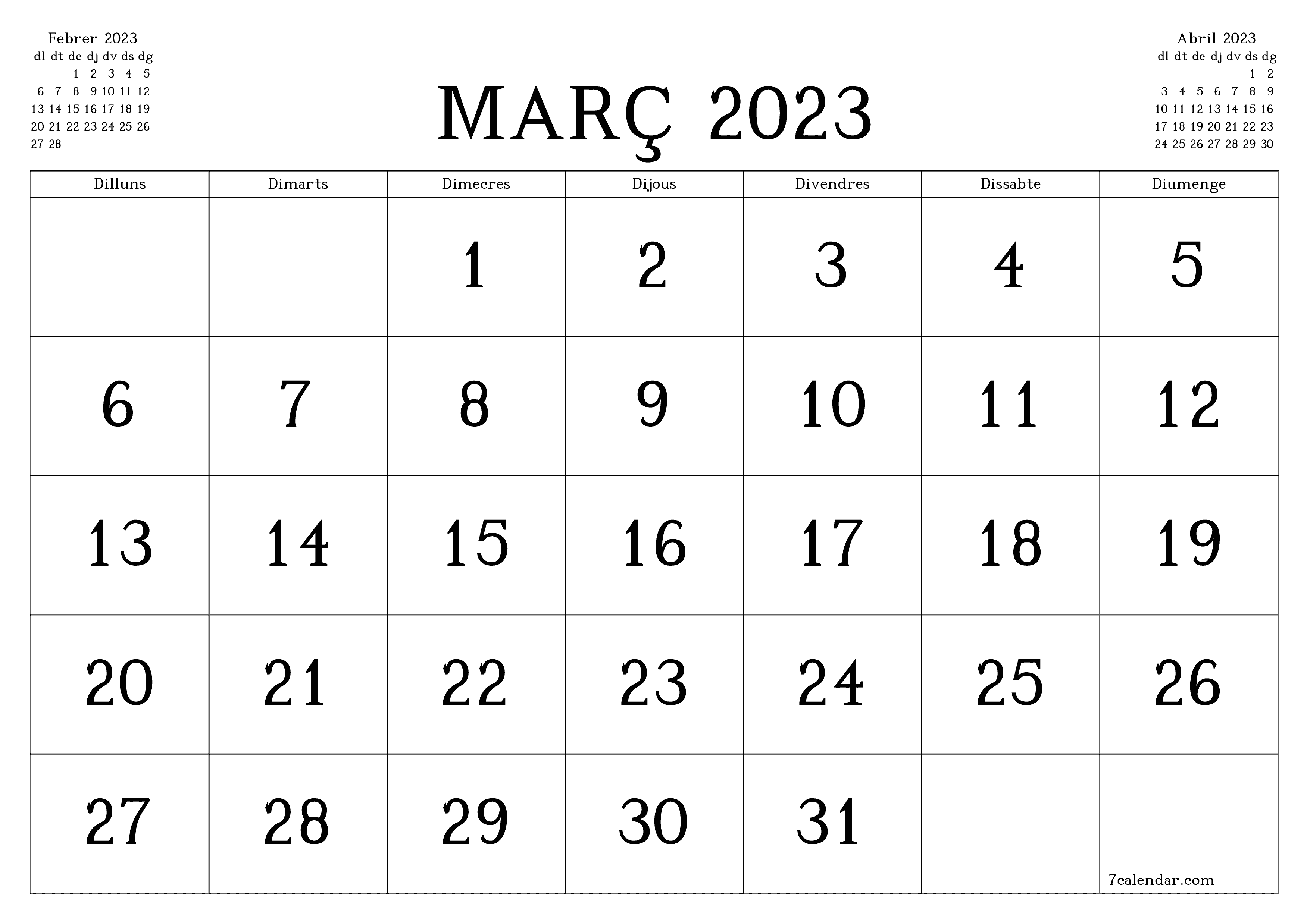 Planificador mensual buit del mes Març 2023 amb notes, deseu-lo i imprimiu-lo en format PDF PNG Catalan - 7calendar.com