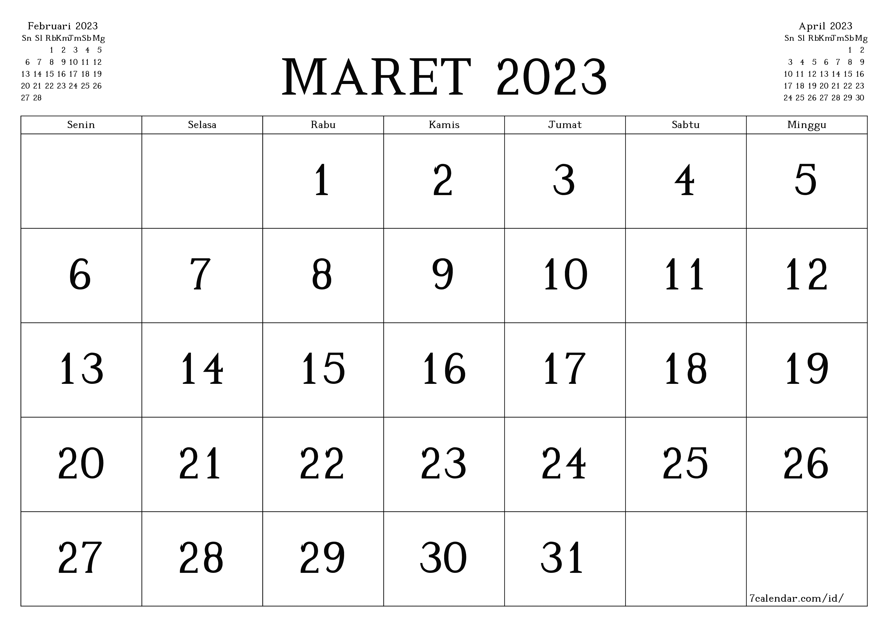 Kalender bulanan kosong untuk bulan Maret 2023 simpan dan cetak ke PDF PNG Indonesian - 7calendar.com