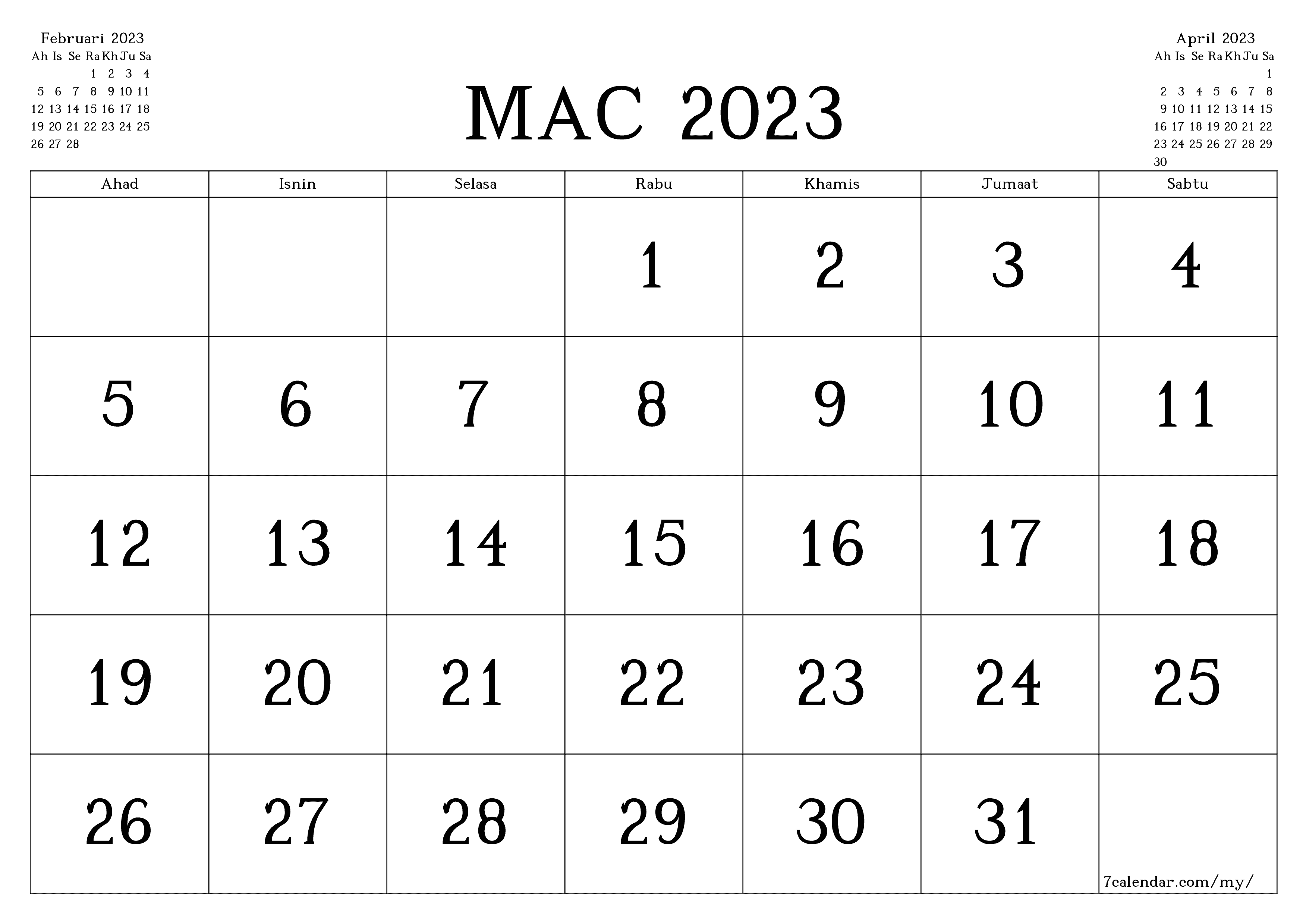 Perancang bulanan kosong untuk bulan Mac 2023 dengan nota, simpan dan cetak ke PDF PNG Malay - 7calendar.com
