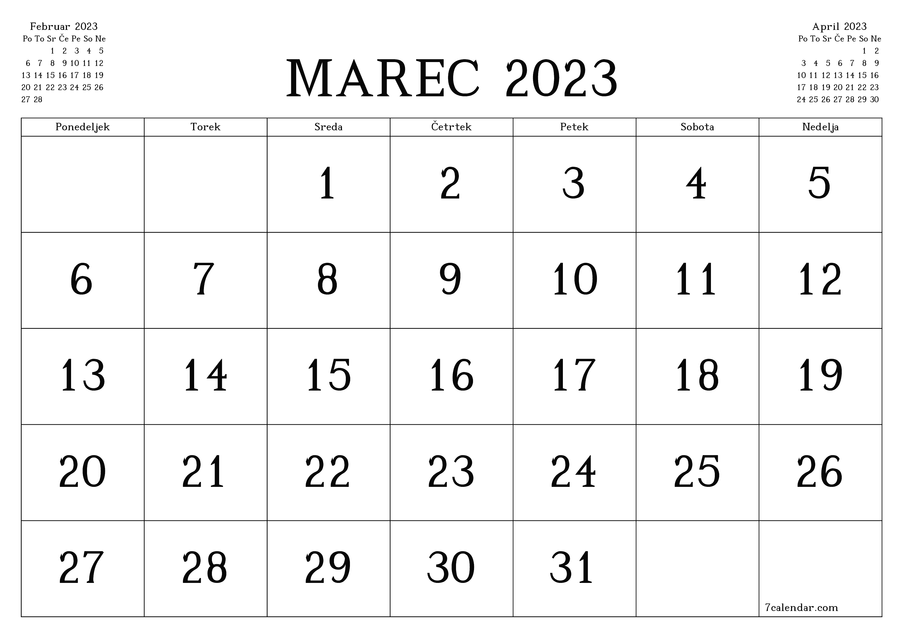 Prazen mesečni načrtovalec koledarja za mesec Marec 2023 z opombami, natisnjenimi v PDF PNG Slovenian