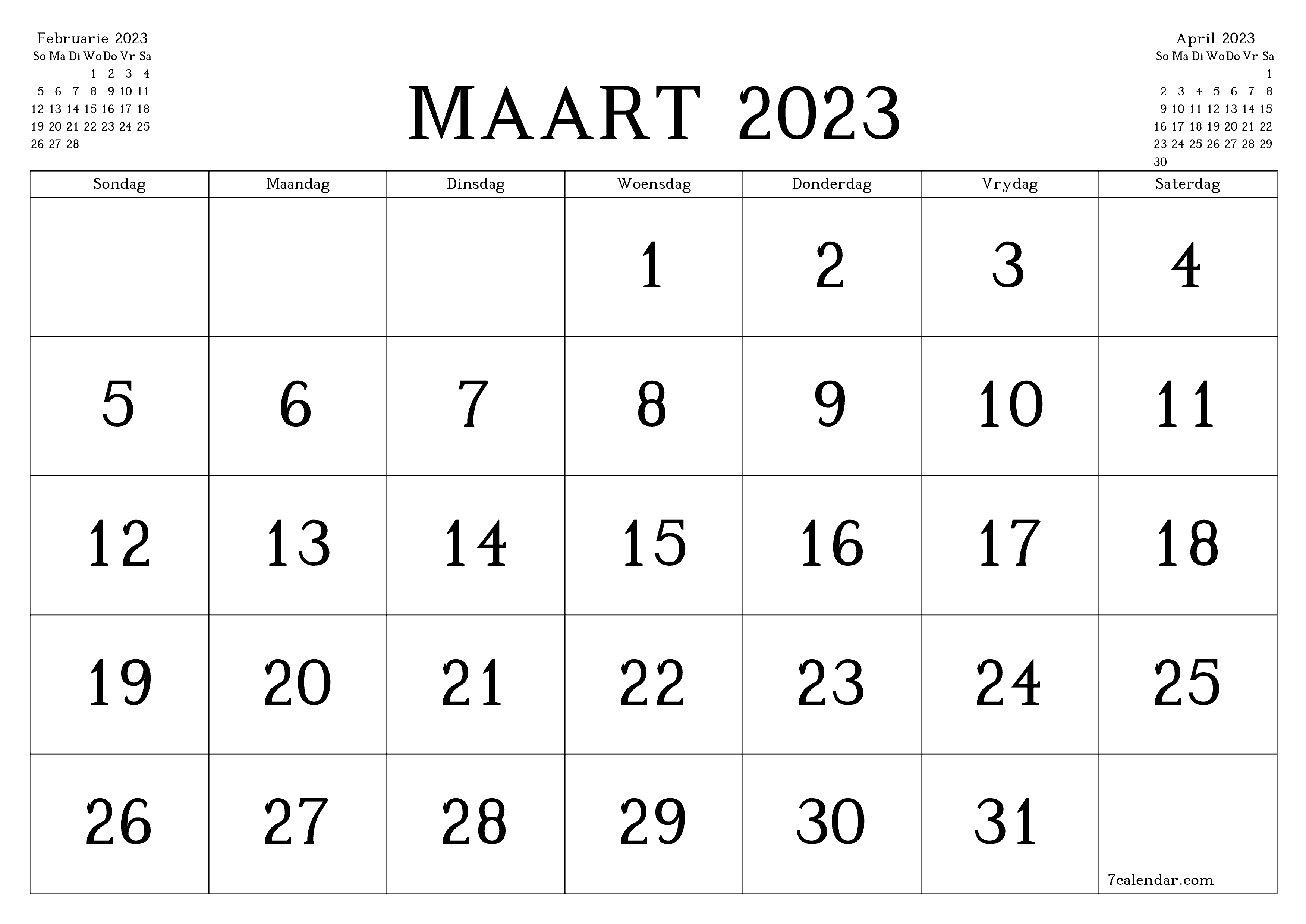 Leë maandelikse drukbare kalender en beplanner vir maand Maart 2023 met notas stoor en druk na PDF PNG Afrikaans