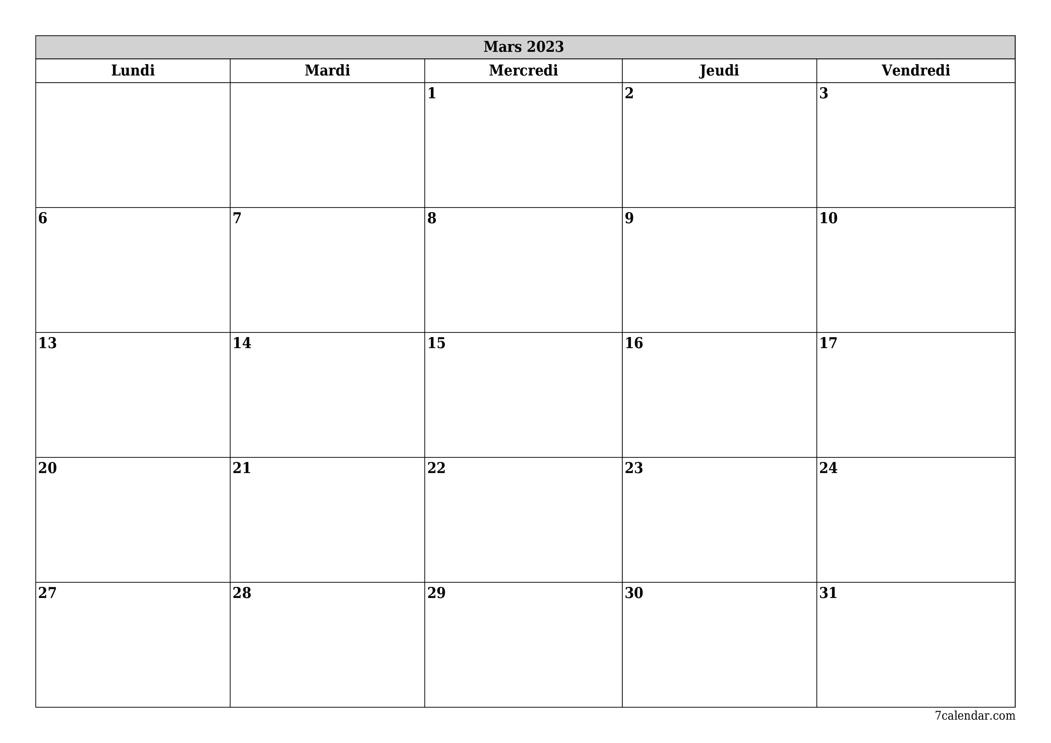 Agenda mensuel vide pour le mois Mars 2023 avec notes, enregistrez et imprimez au format PDF PNG French