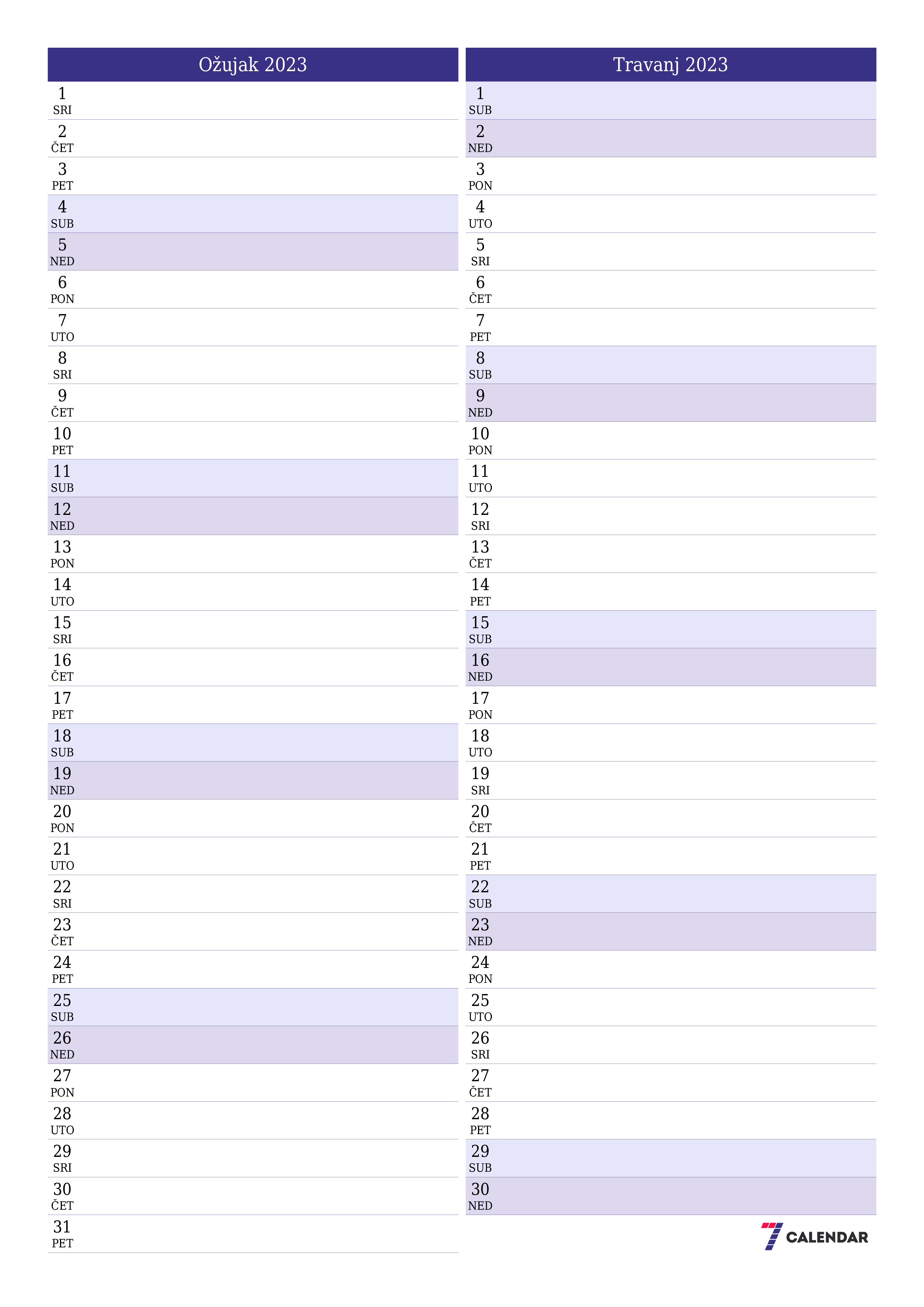  za ispis zidni predložak a besplatni okomito Mjesečni planer kalendar Ožujak (Ožu) 2023