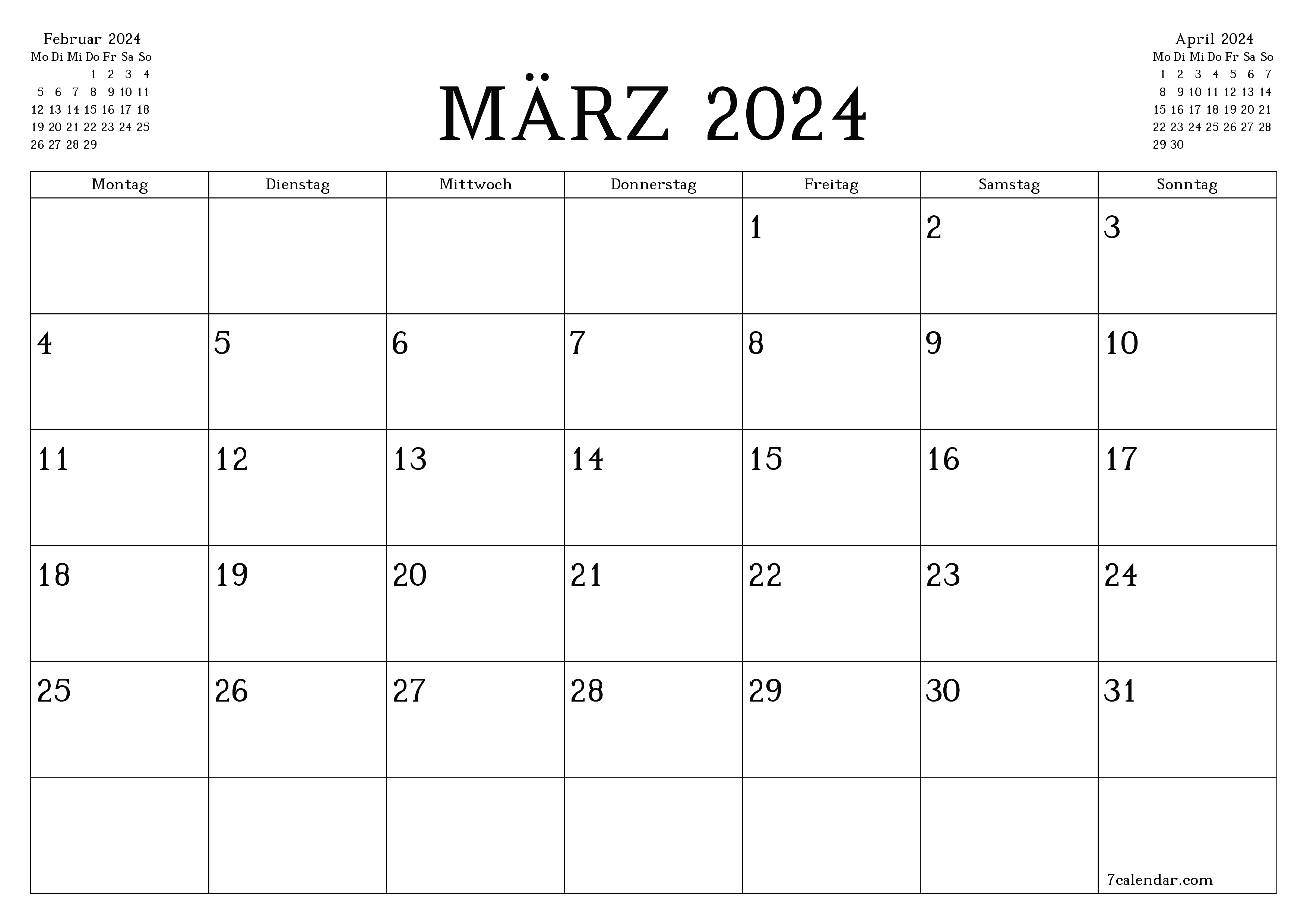 Monatsplaner für Monat März 2024 mit Notizen leeren, speichern und als PDF PNG German - 7calendar.com drucken
