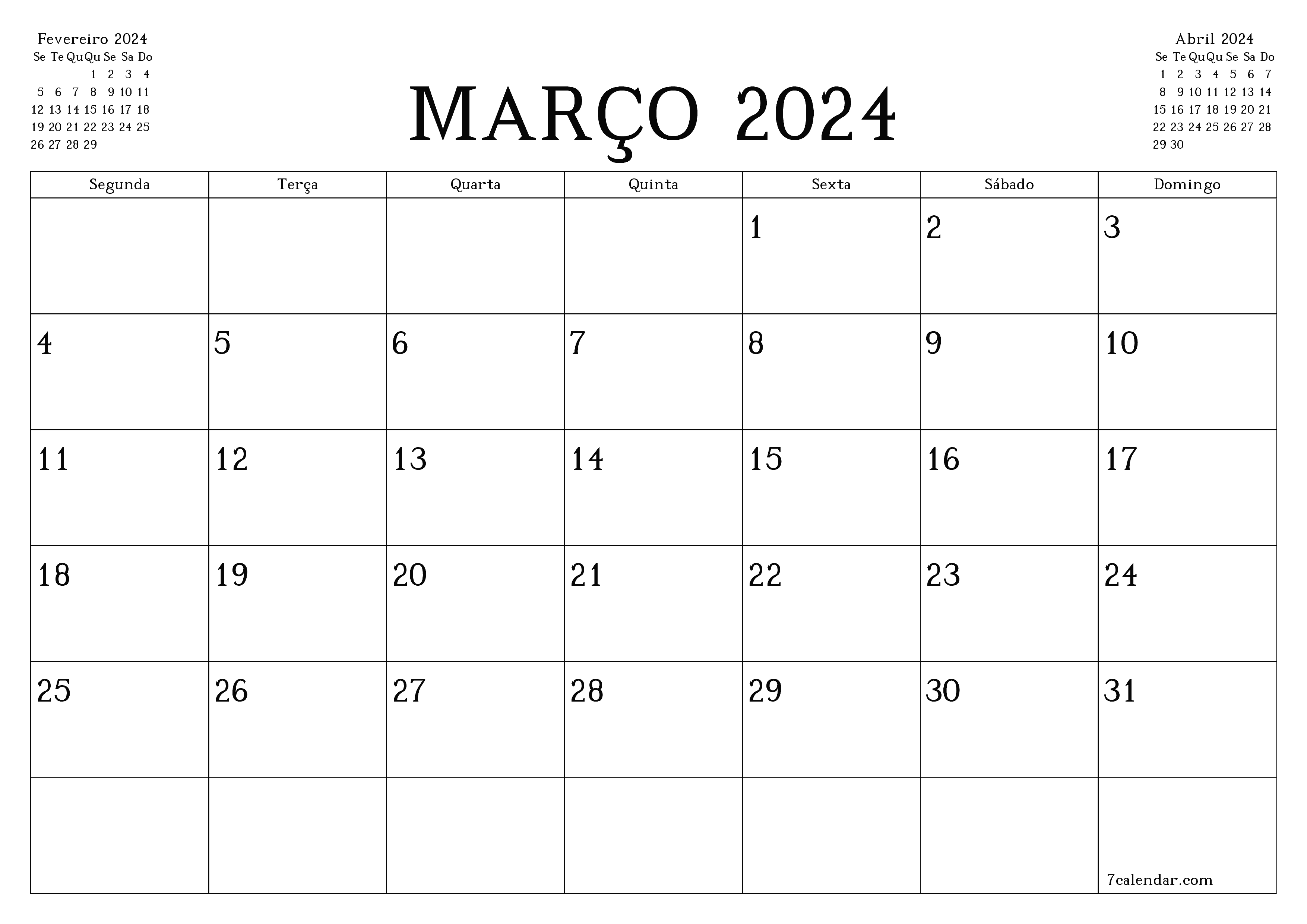 Esvazie o planejador mensal para o mês Março 2024 com notas, salve e imprima em PDF PNG Portuguese