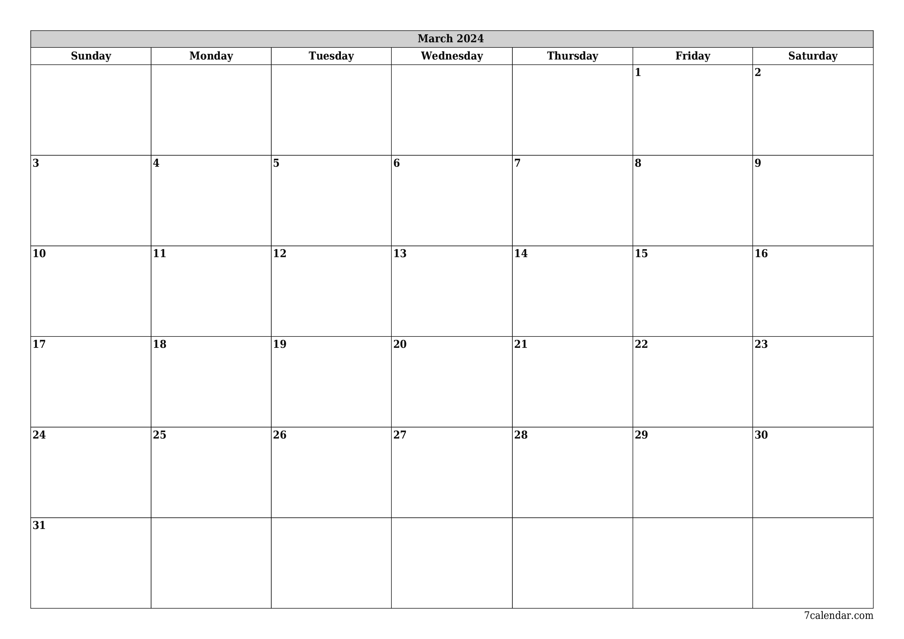 printable wall template free horizontal Monthly planner calendar March (Mar) 2024