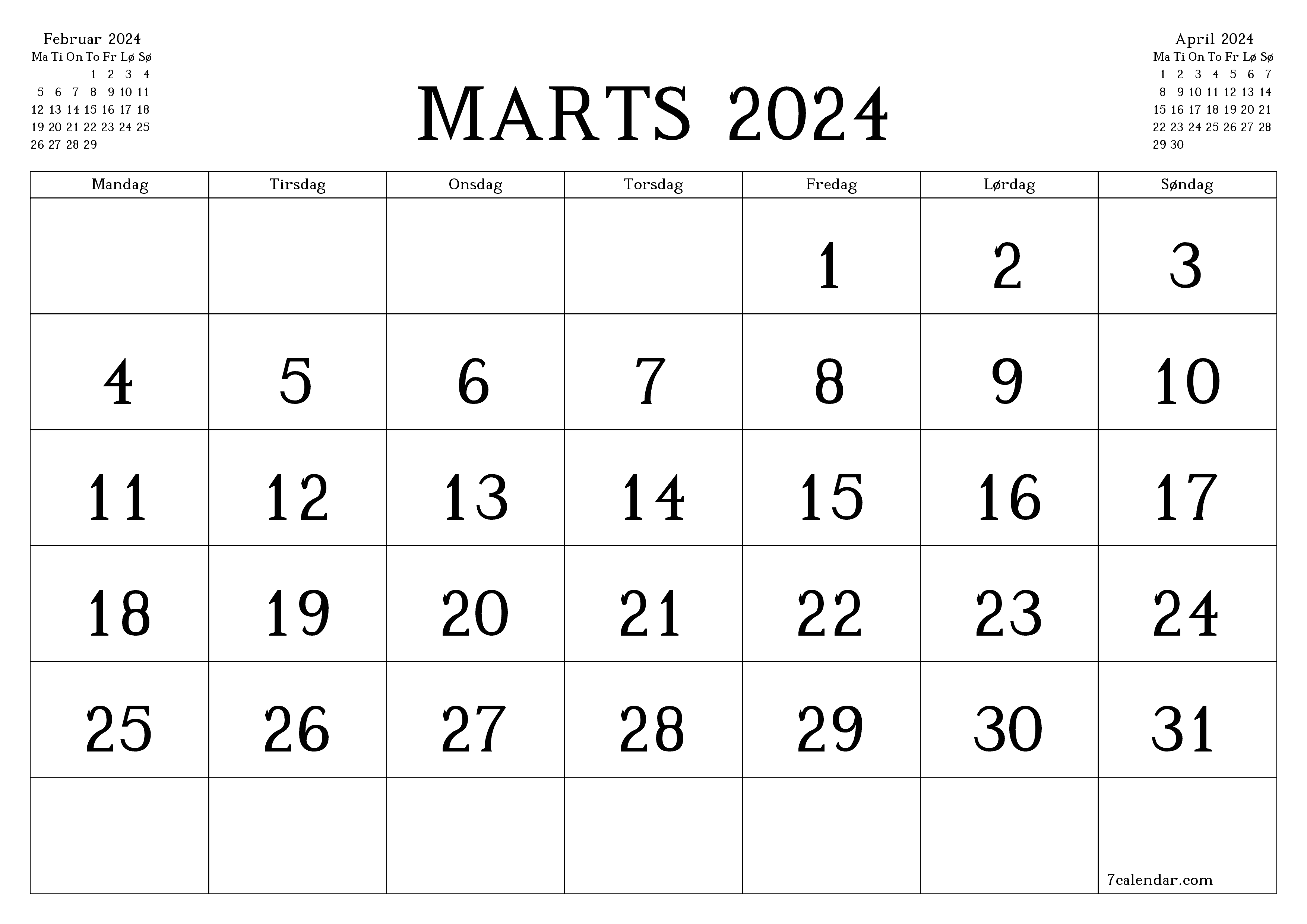 Tom månedlig planlægning for måned Marts 2024 med noter, gem og udskriv til PDF PNG Danish