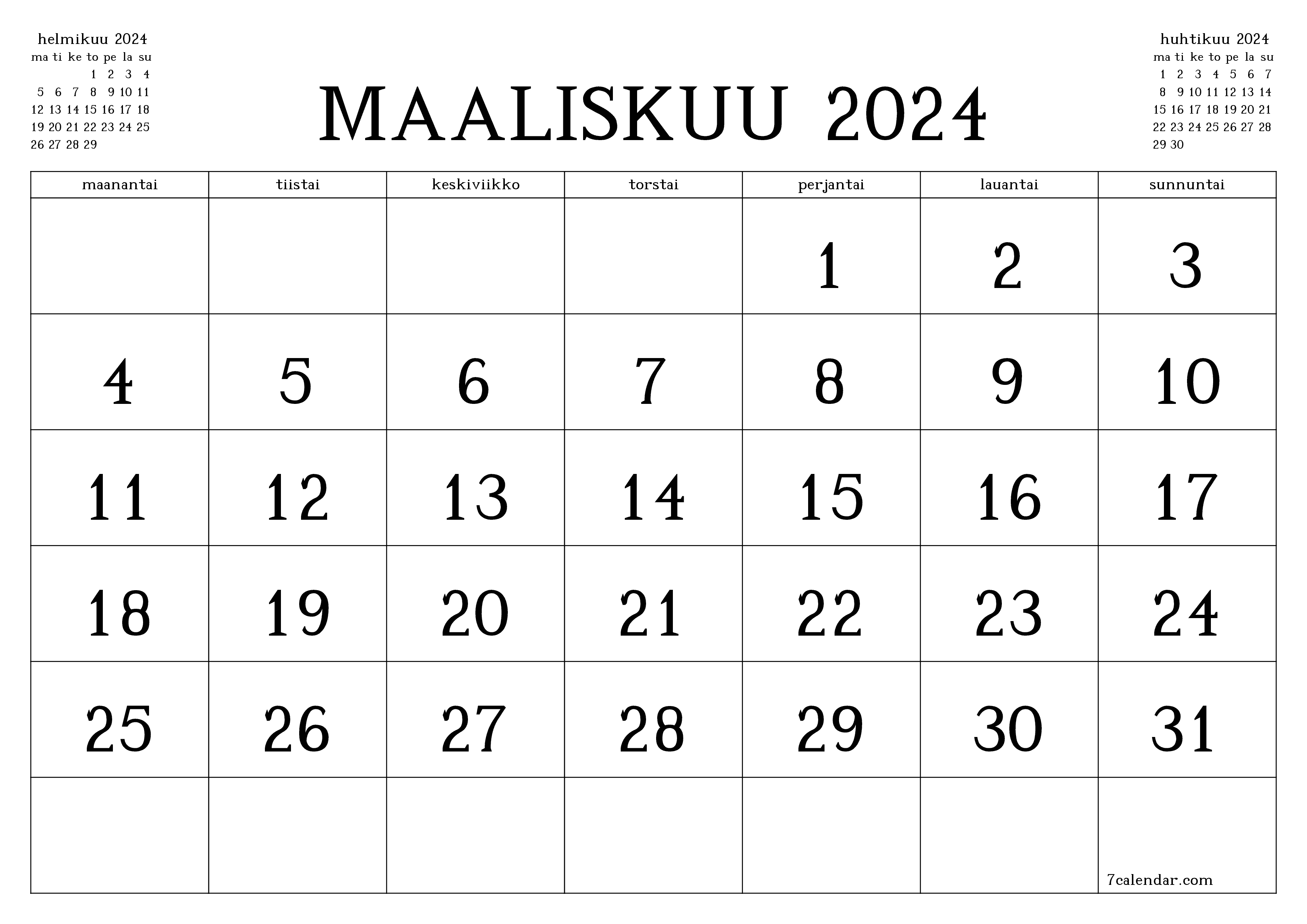 Tyhjennä kuukausittainen suunnittelija kuukaudelle maaliskuu 2024 muistiinpanoilla, tallenna ja tulosta PDF-muotoon PNG Finnish