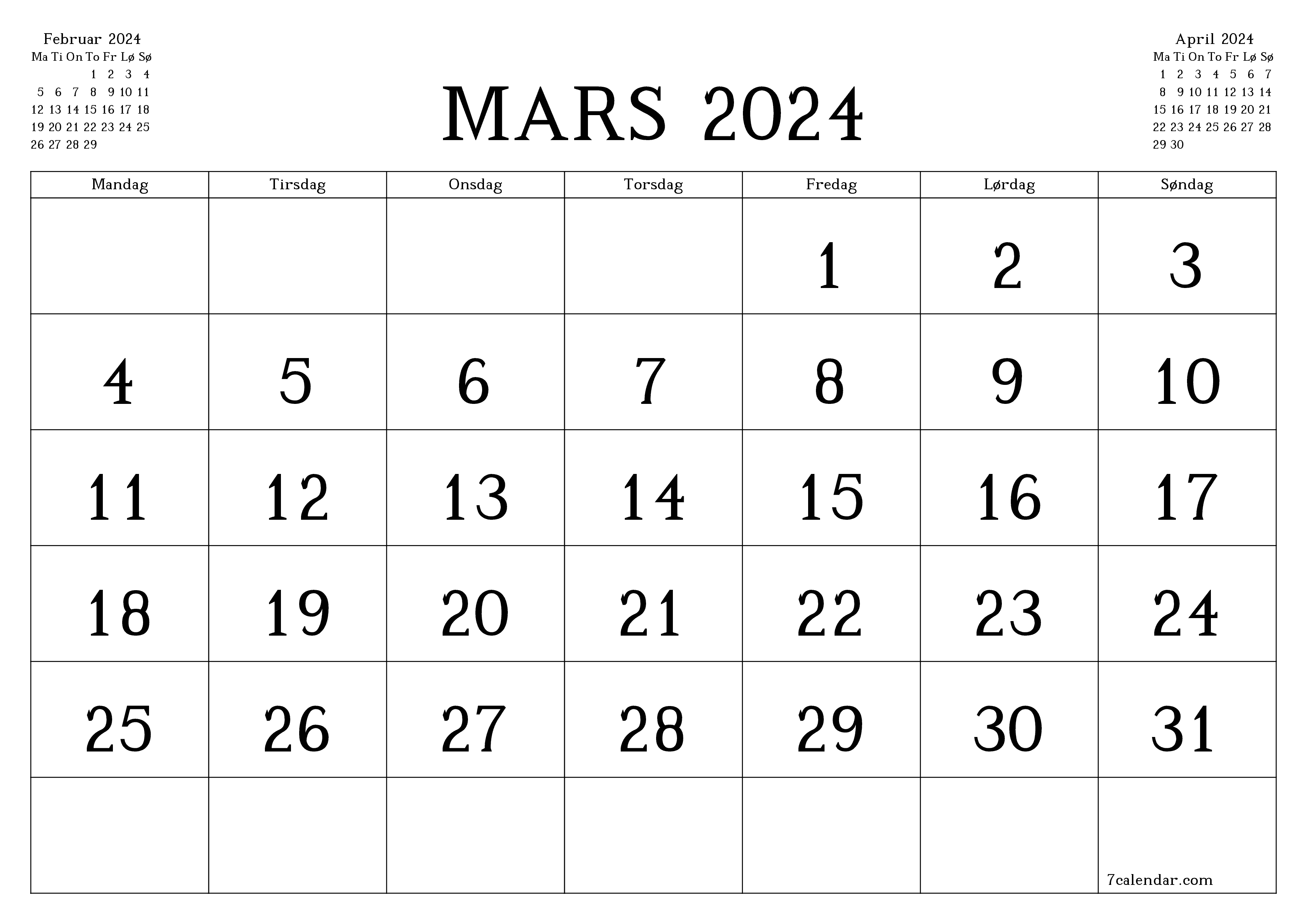Tom månedlig planlegger for måned Mars 2024 med notater, lagre og skriv ut til PDF PNG Norwegian