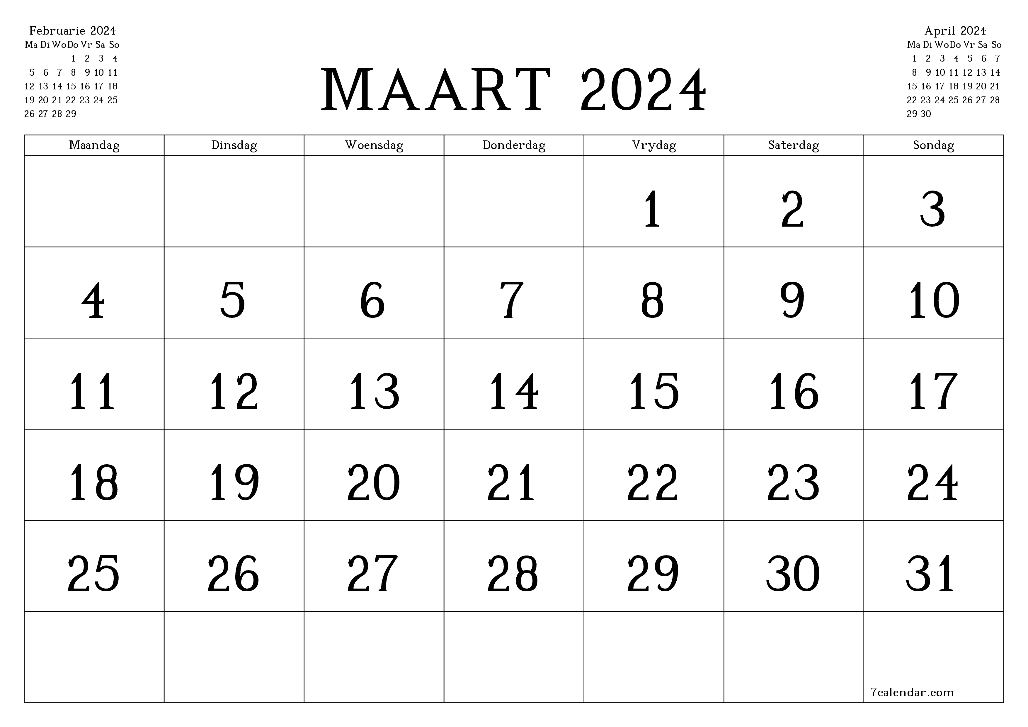 Leë maandelikse drukbare kalender en beplanner vir maand Maart 2024 met notas stoor en druk na PDF PNG Afrikaans