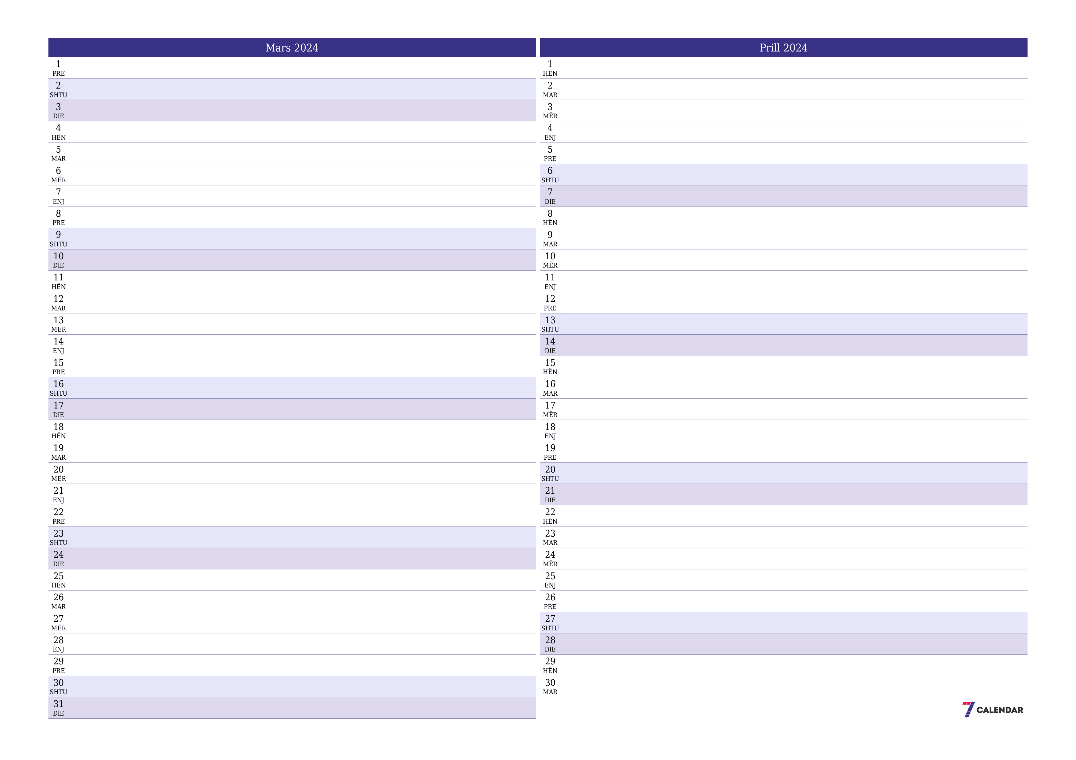 Planifikuesi i zbrazët i kalendarit mujor për muajin Mars 2024 me shënime të ruajtura dhe të printuara në PDF PNG Albanian