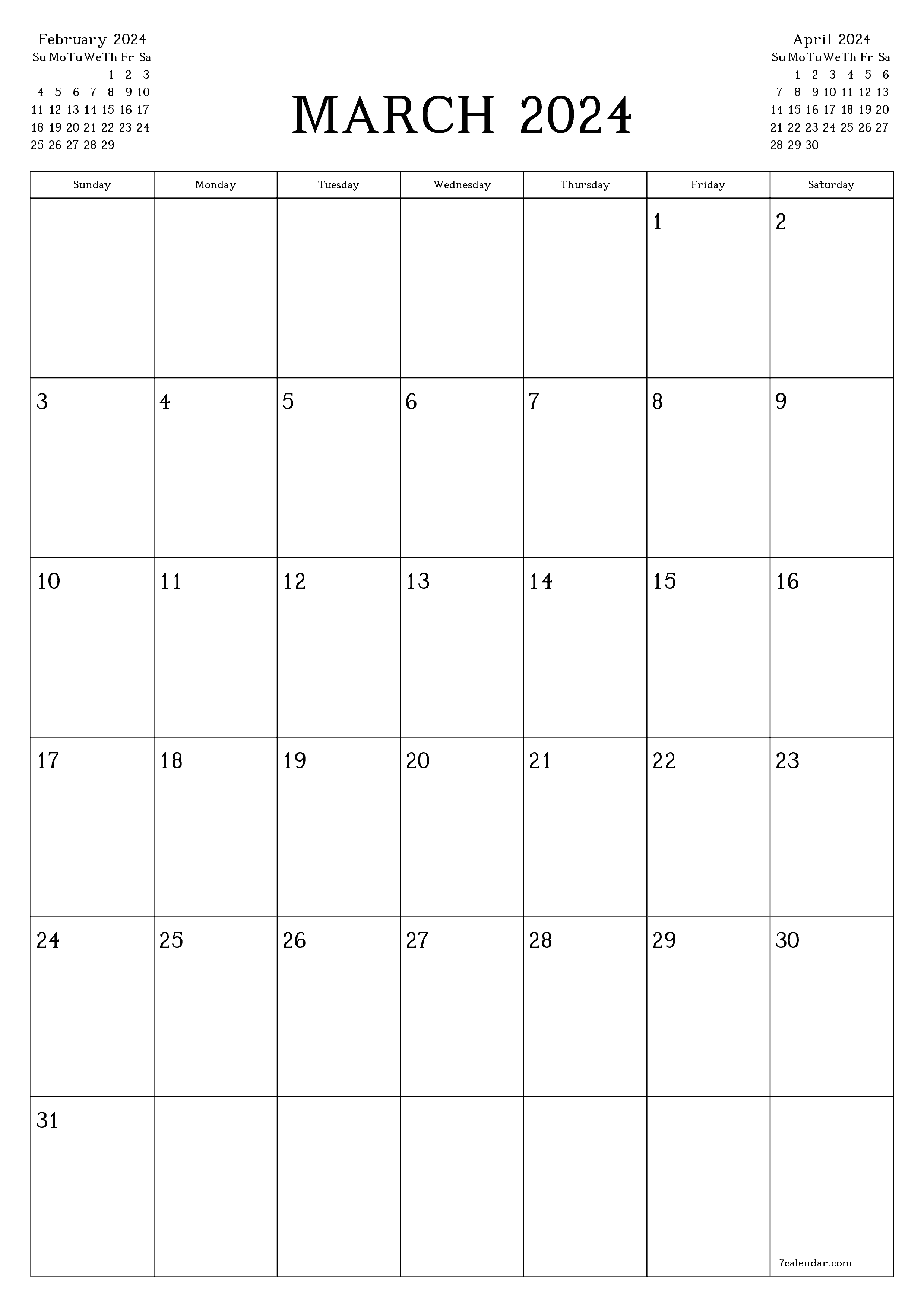 Blank monthly printable calendar and planner for month March 2024 with notes save and print to PDF PNG English