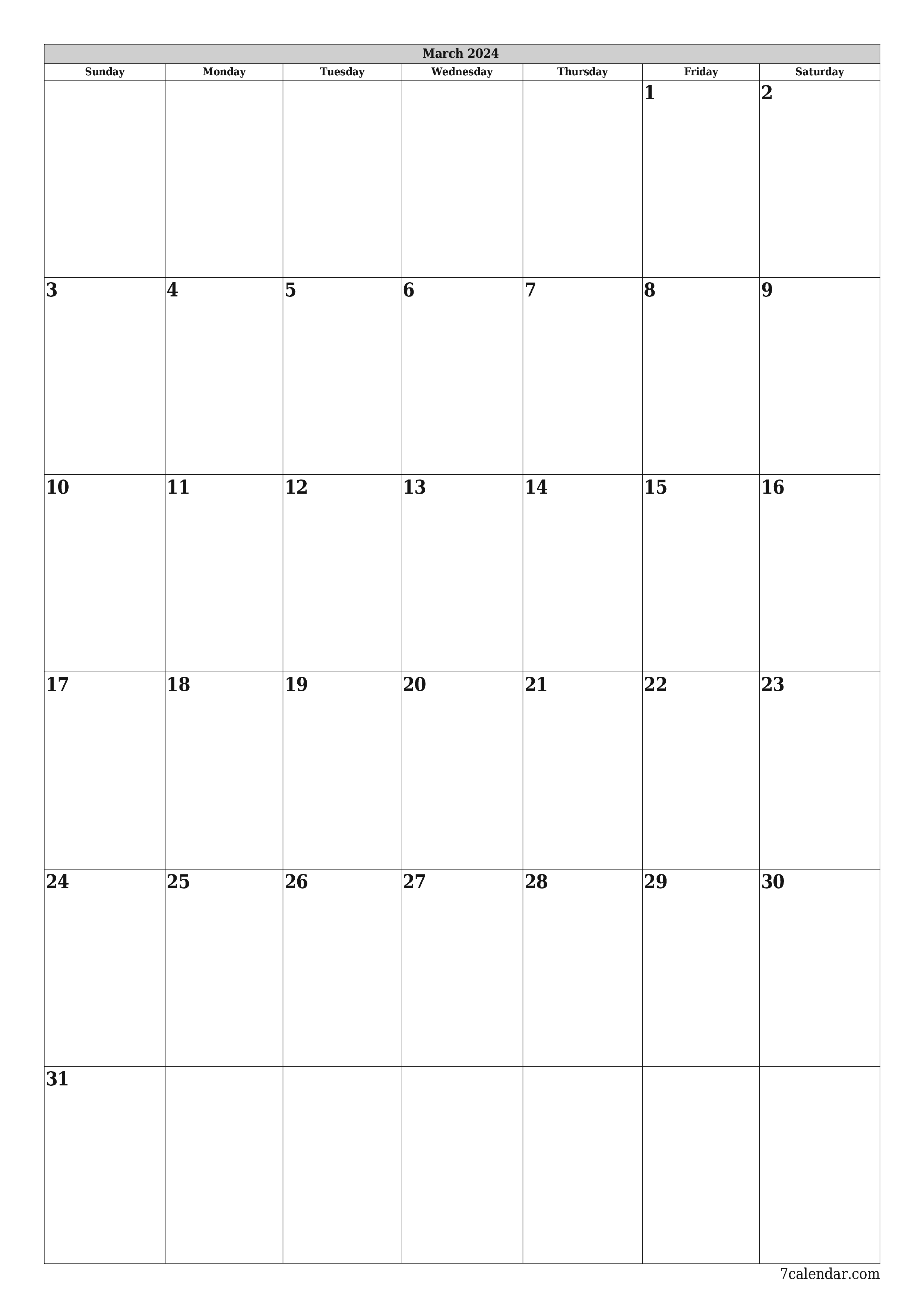 Blank monthly printable calendar and planner for month March 2024 with notes save and print to PDF PNG English