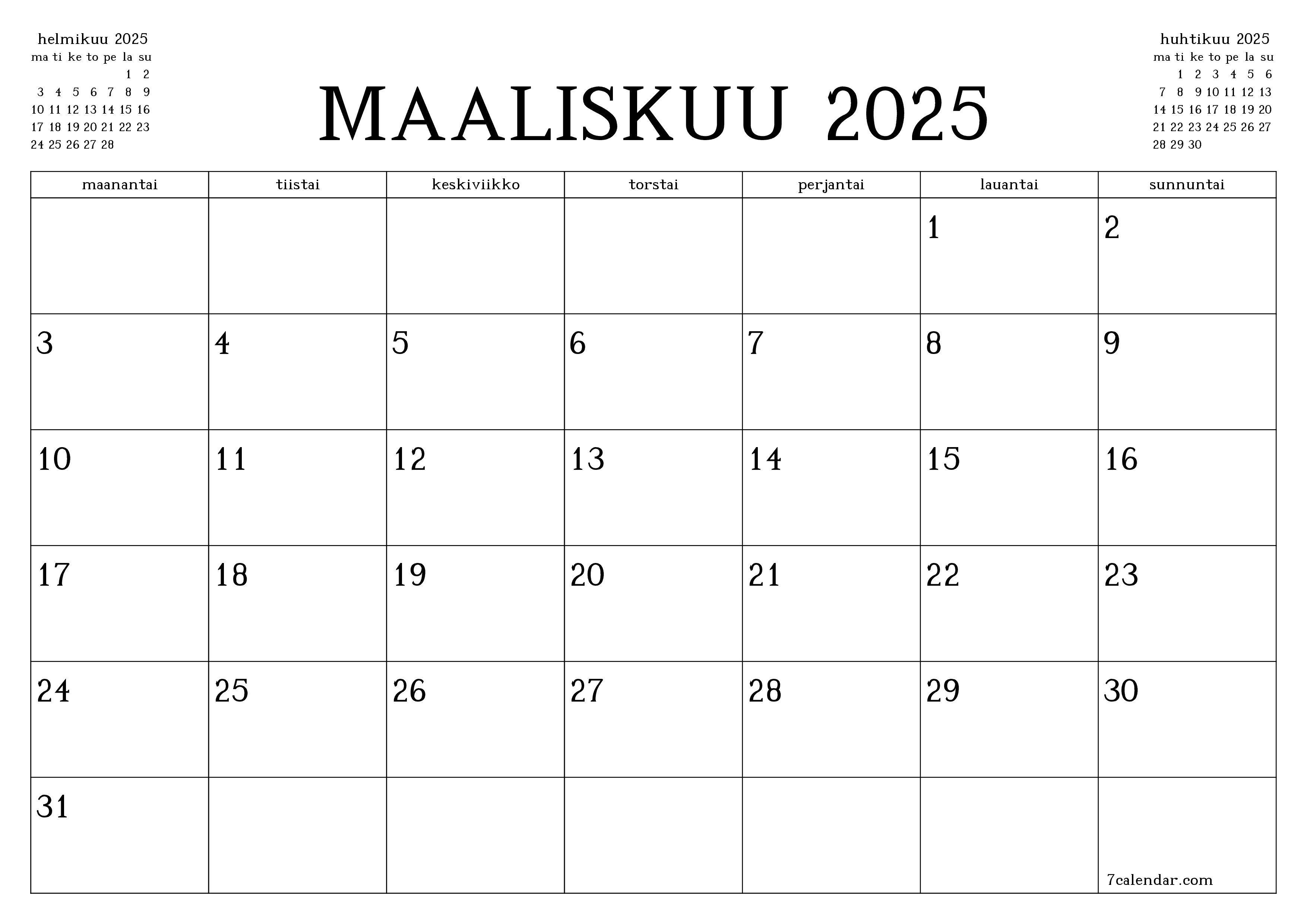 Tyhjennä kuukausittainen suunnittelija kuukaudelle maaliskuu 2025 muistiinpanoilla, tallenna ja tulosta PDF-muotoon PNG Finnish