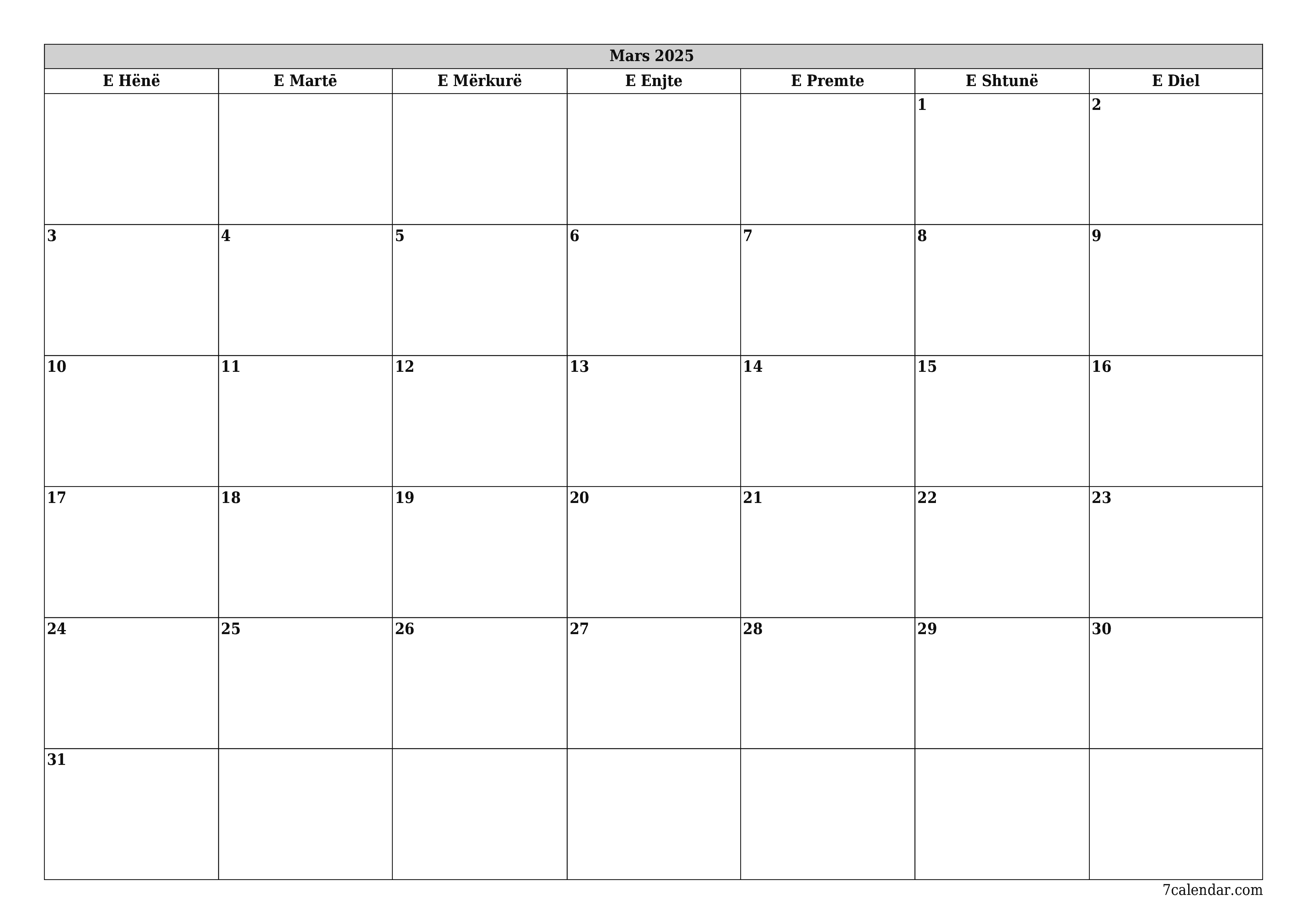 Planifikuesi i zbrazët i kalendarit mujor për muajin Mars 2025 me shënime të ruajtura dhe të printuara në PDF PNG Albanian