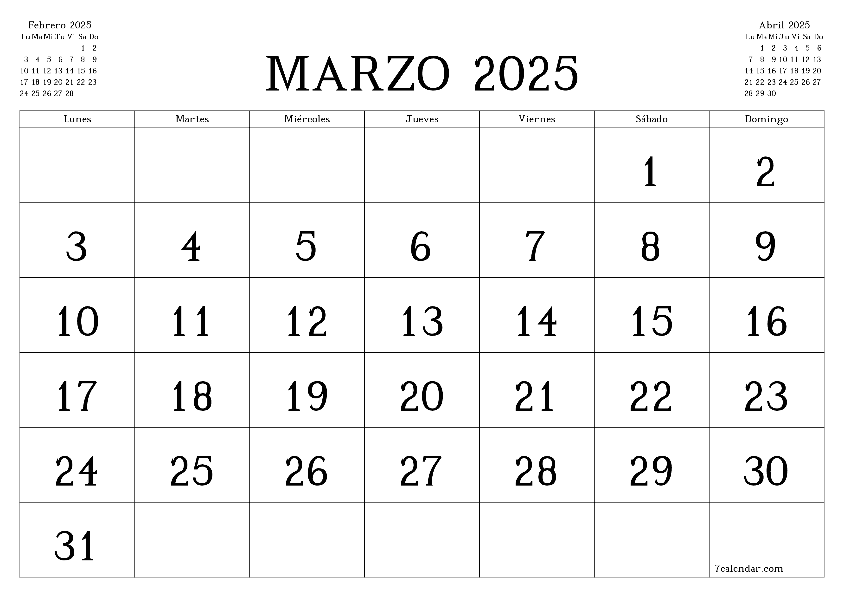 Planificador mensual vacío para el mes Marzo 2025 con notas, guardar e imprimir en PDF PNG Spanish