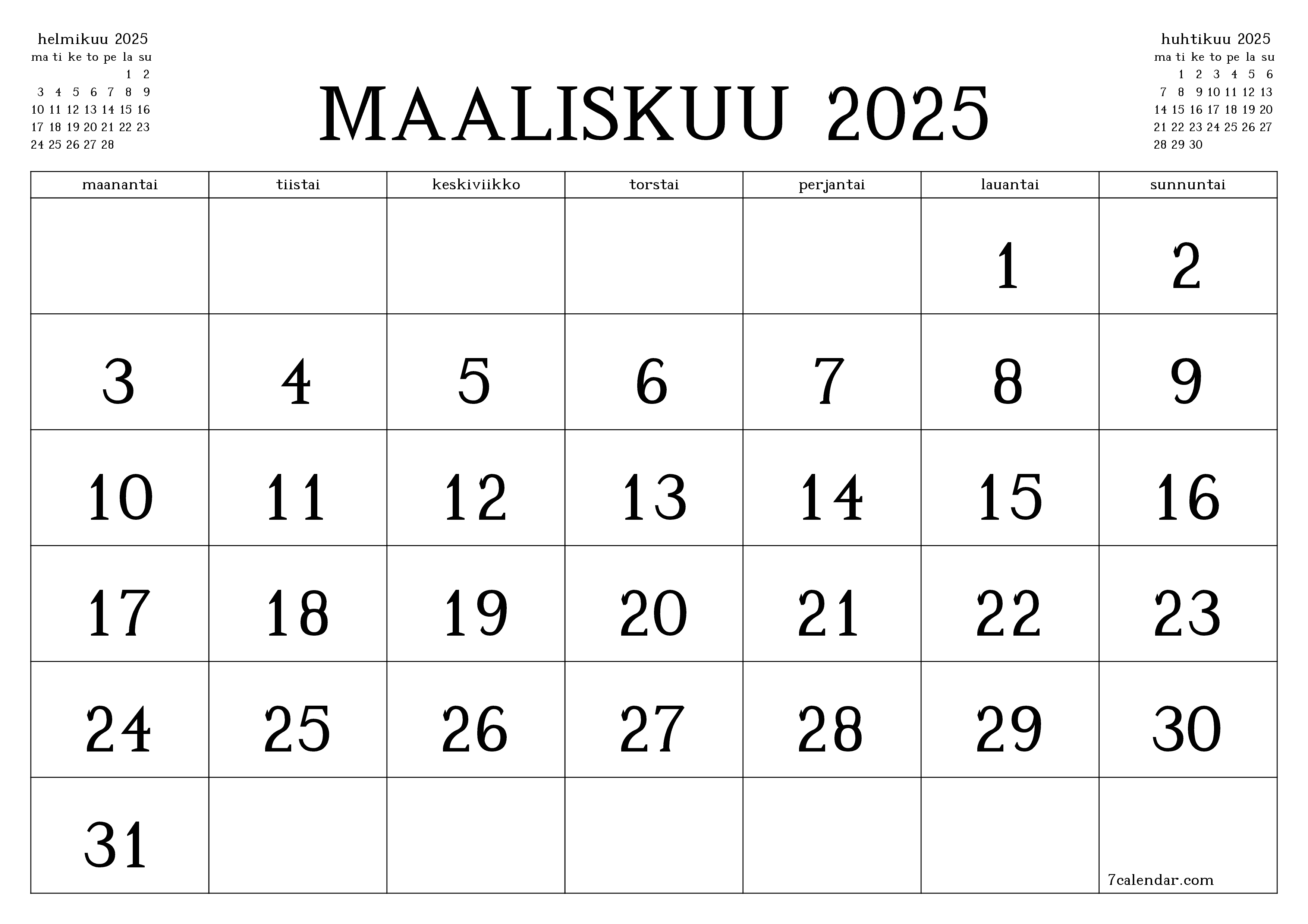 Tyhjennä kuukausittainen suunnittelija kuukaudelle maaliskuu 2025 muistiinpanoilla, tallenna ja tulosta PDF-muotoon PNG Finnish