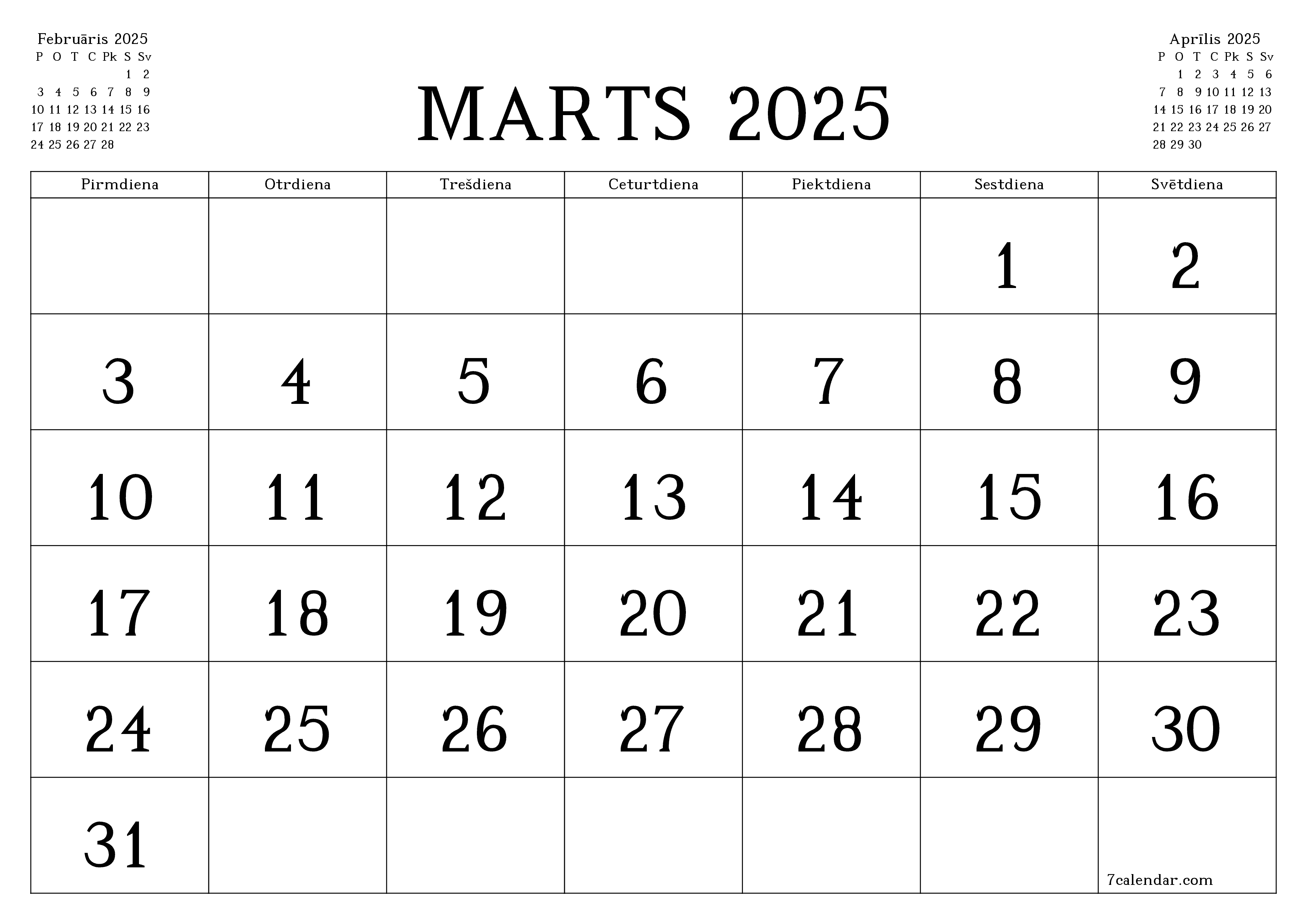 Iztukšot mēneša plānotāju mēnesim Marts 2025 ar piezīmēm, saglabāt un izdrukāt PDF formātā PNG Latvian