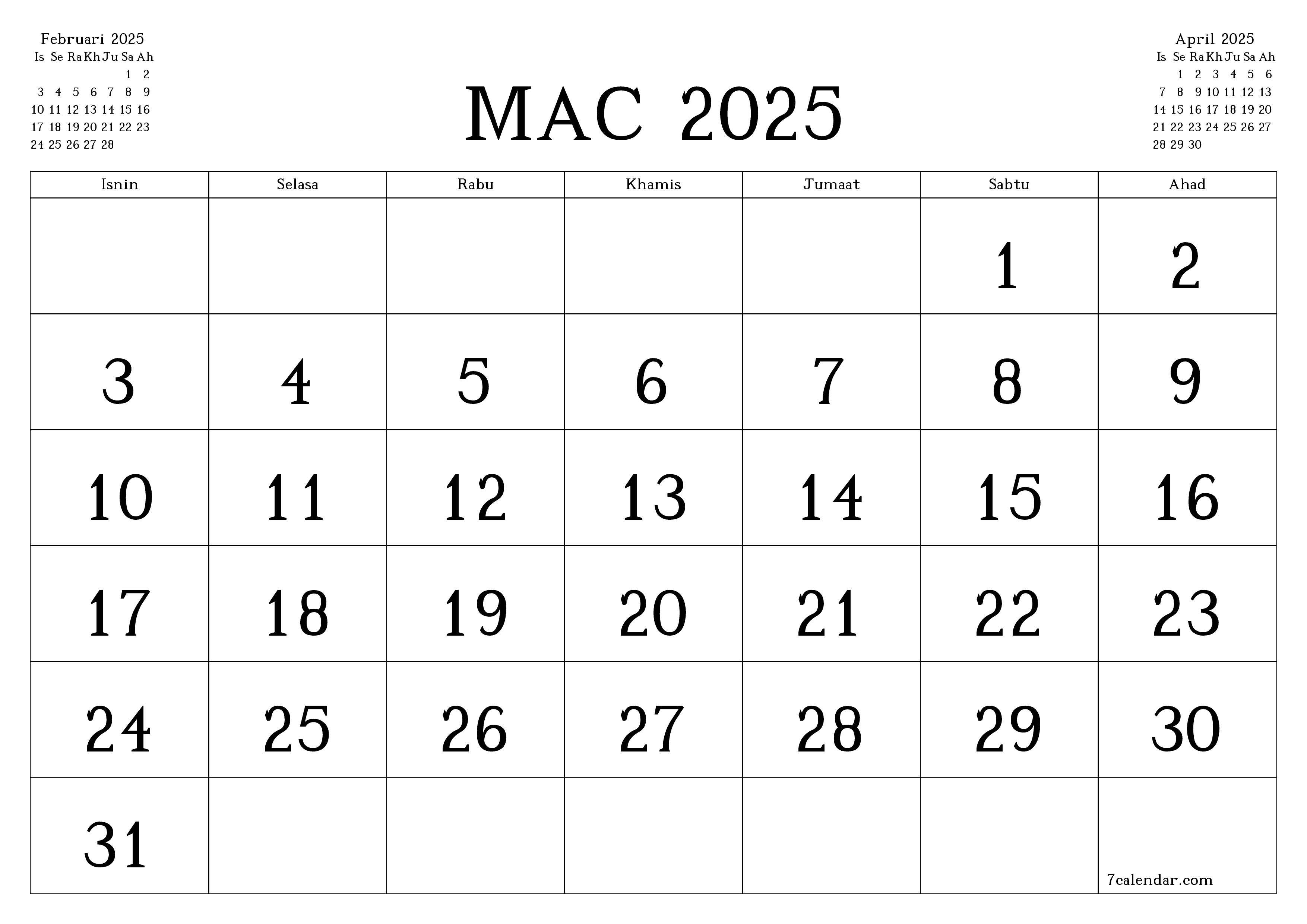 Perancang bulanan kosong untuk bulan Mac 2025 dengan nota, simpan dan cetak ke PDF PNG Malay