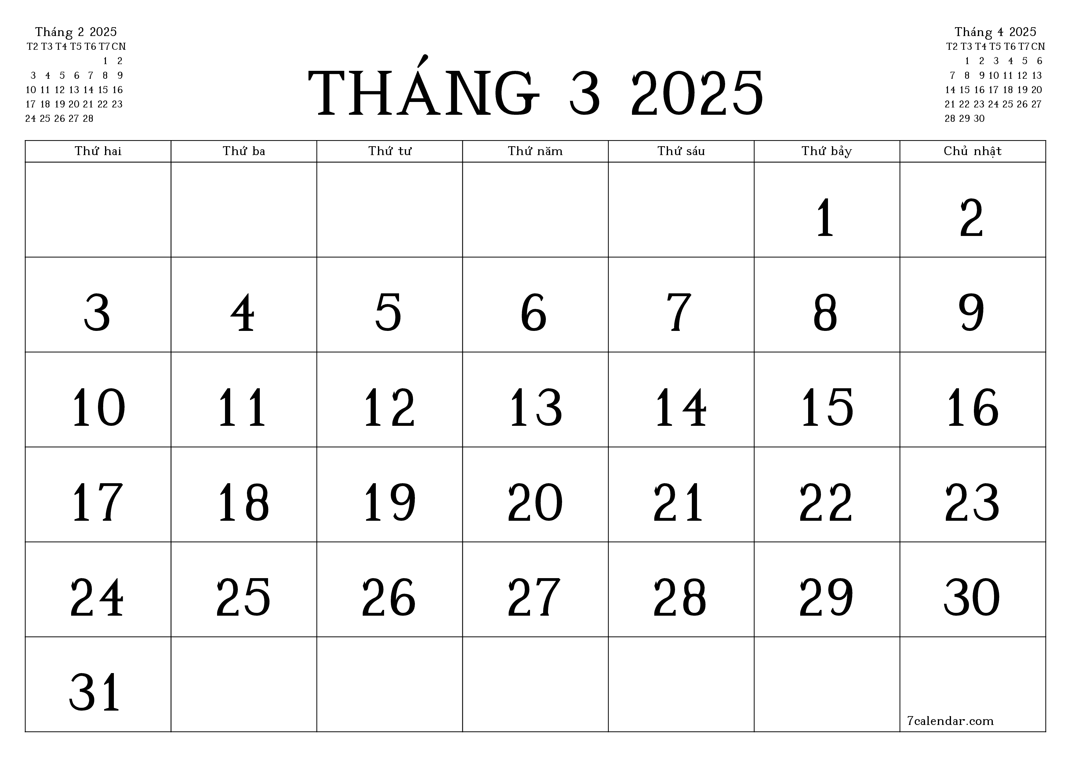 Công cụ lập kế hoạch hàng tháng trống cho tháng Tháng 3 2025 có ghi chú, lưu và in sang PDF PNG Vietnamese