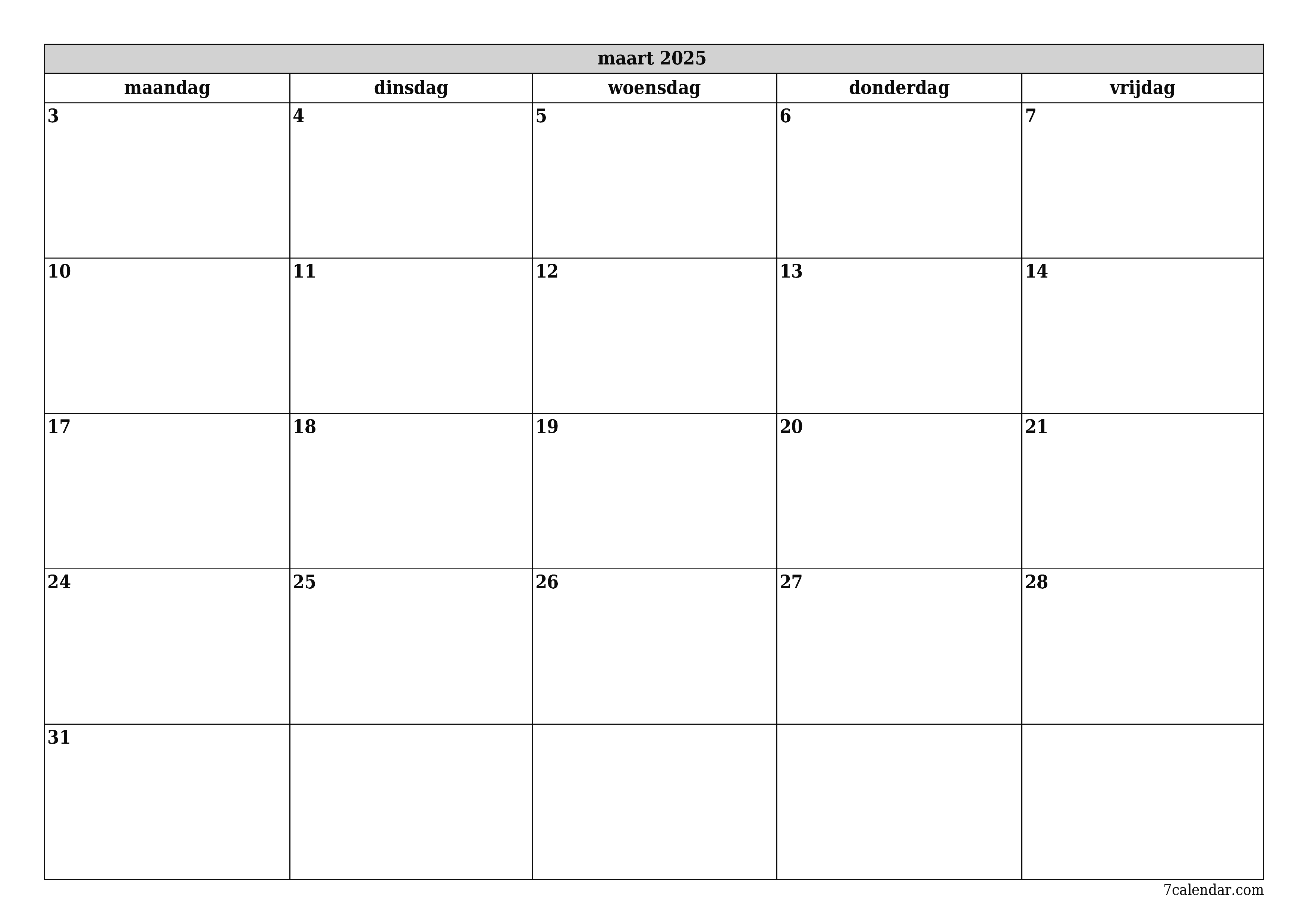 Lege maandplanner voor maand maart 2025 met notities, opslaan en afdrukken naar pdf PNG Dutch