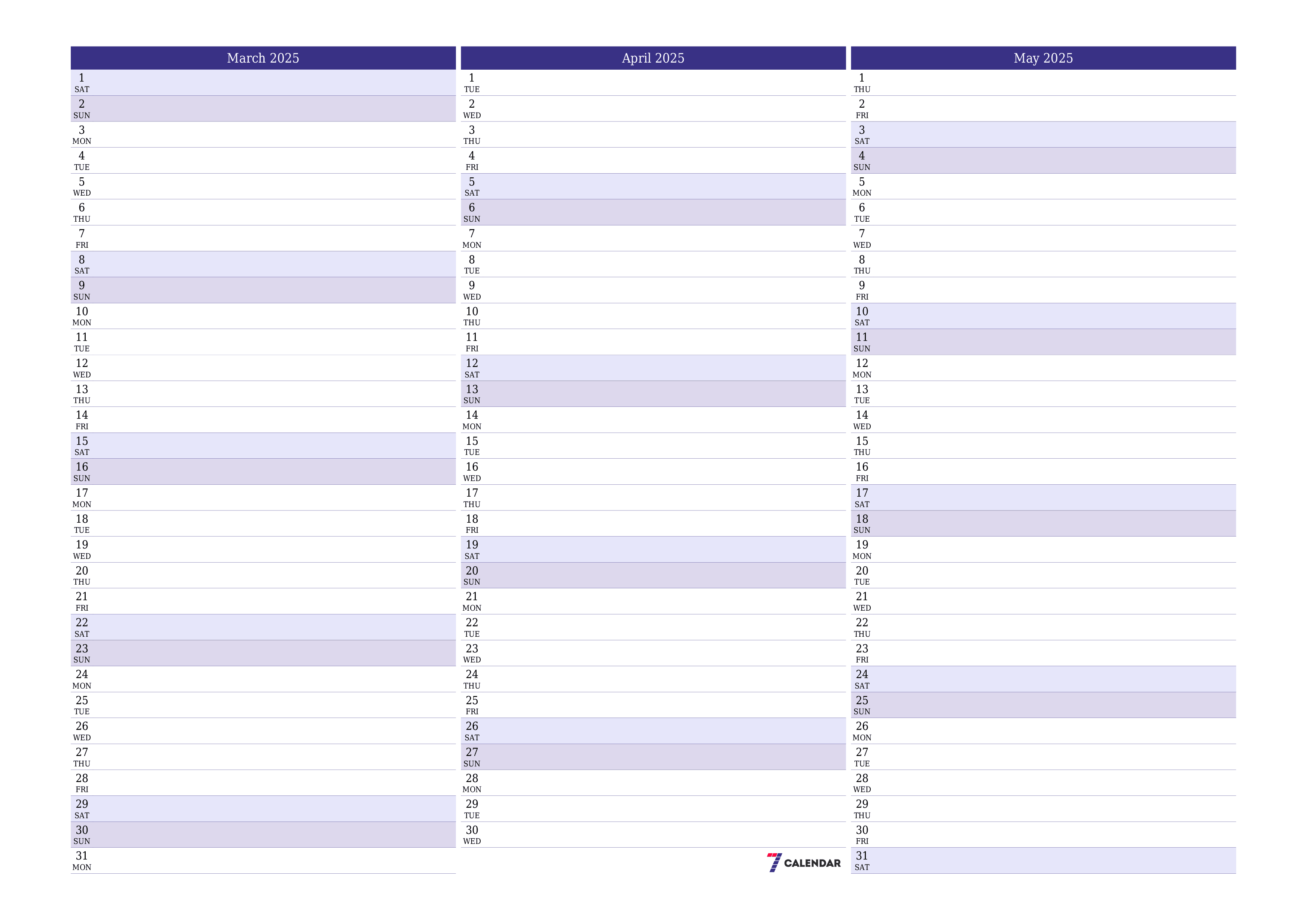 Blank calendar March 2025