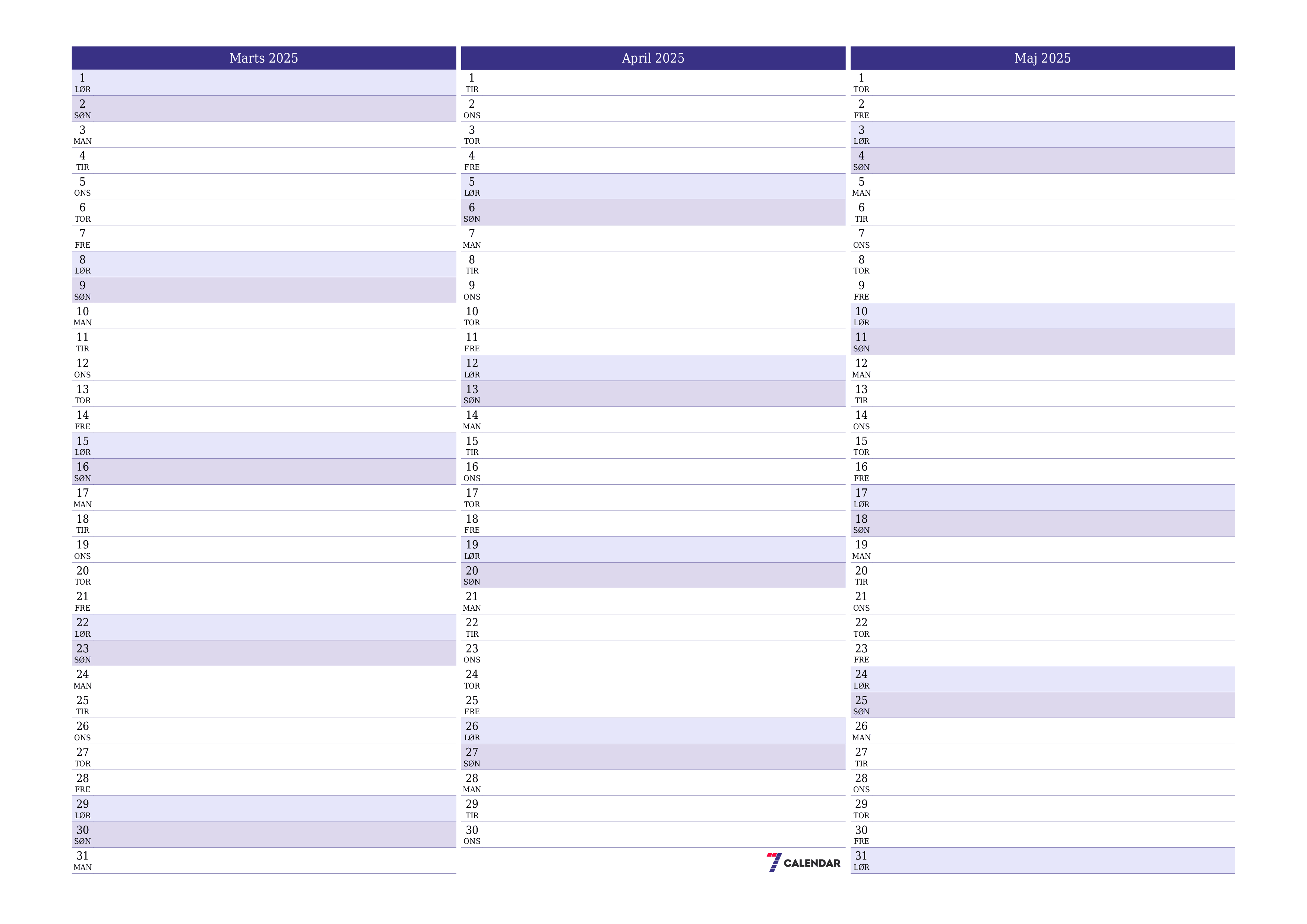 Tom månedlig planlægning for måned Marts 2025 med noter, gem og udskriv til PDF PNG Danish