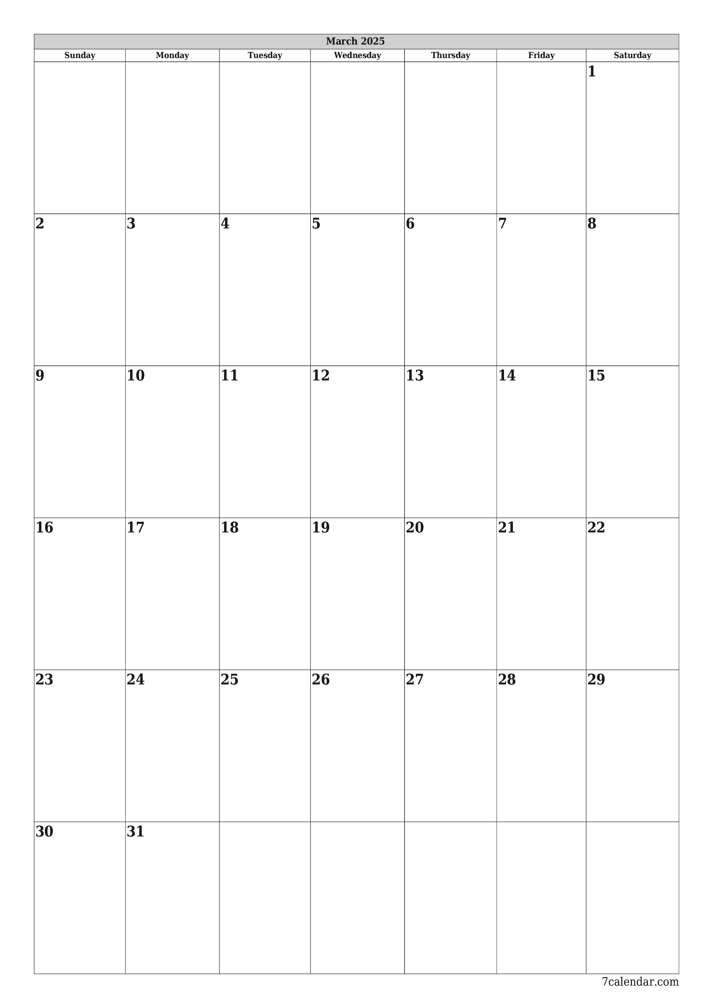 Blank monthly printable calendar and planner for month March 2025 with notes save and print to PDF PNG English