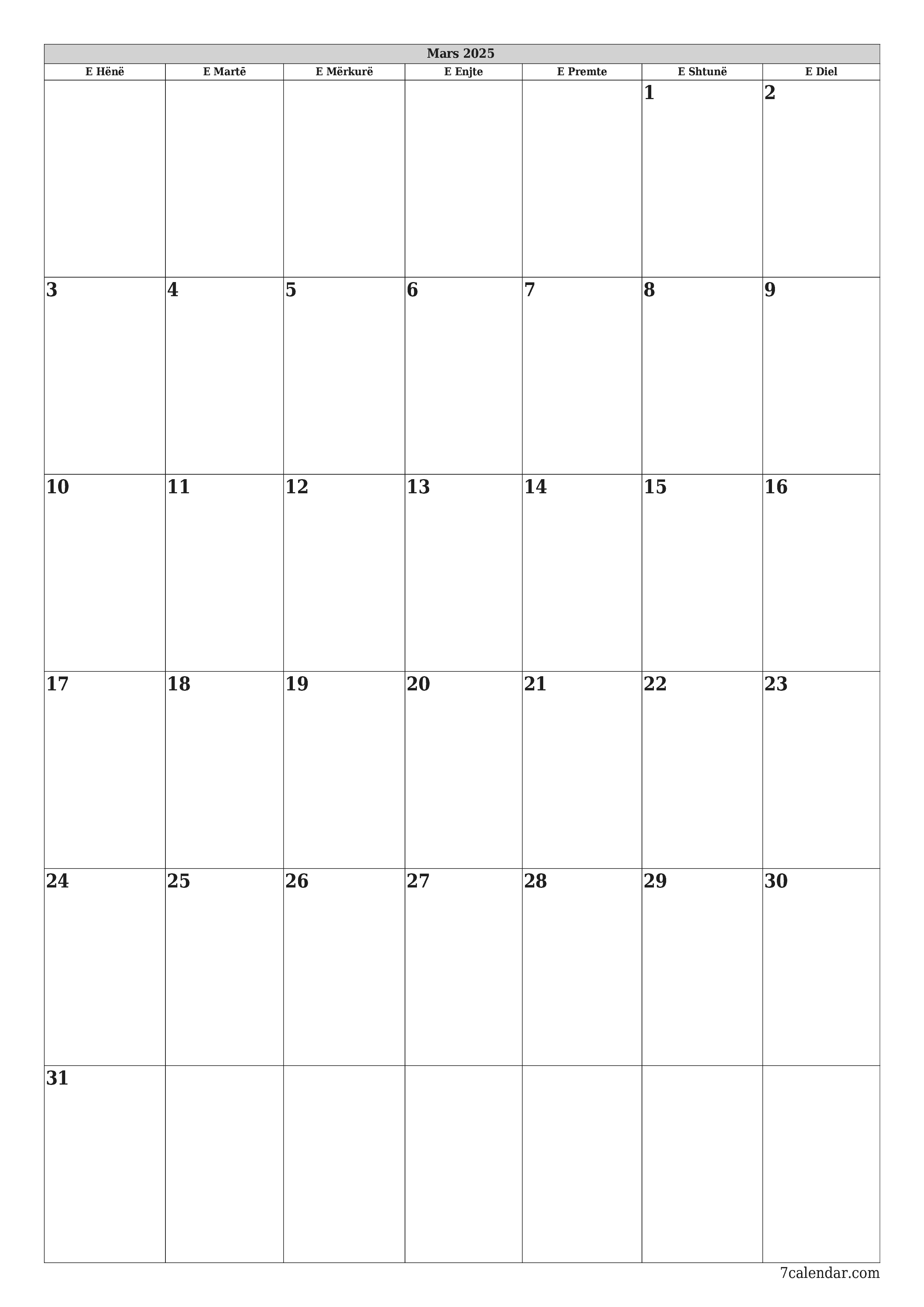 Planifikuesi i zbrazët i kalendarit mujor për muajin Mars 2025 me shënime të ruajtura dhe të printuara në PDF PNG Albanian