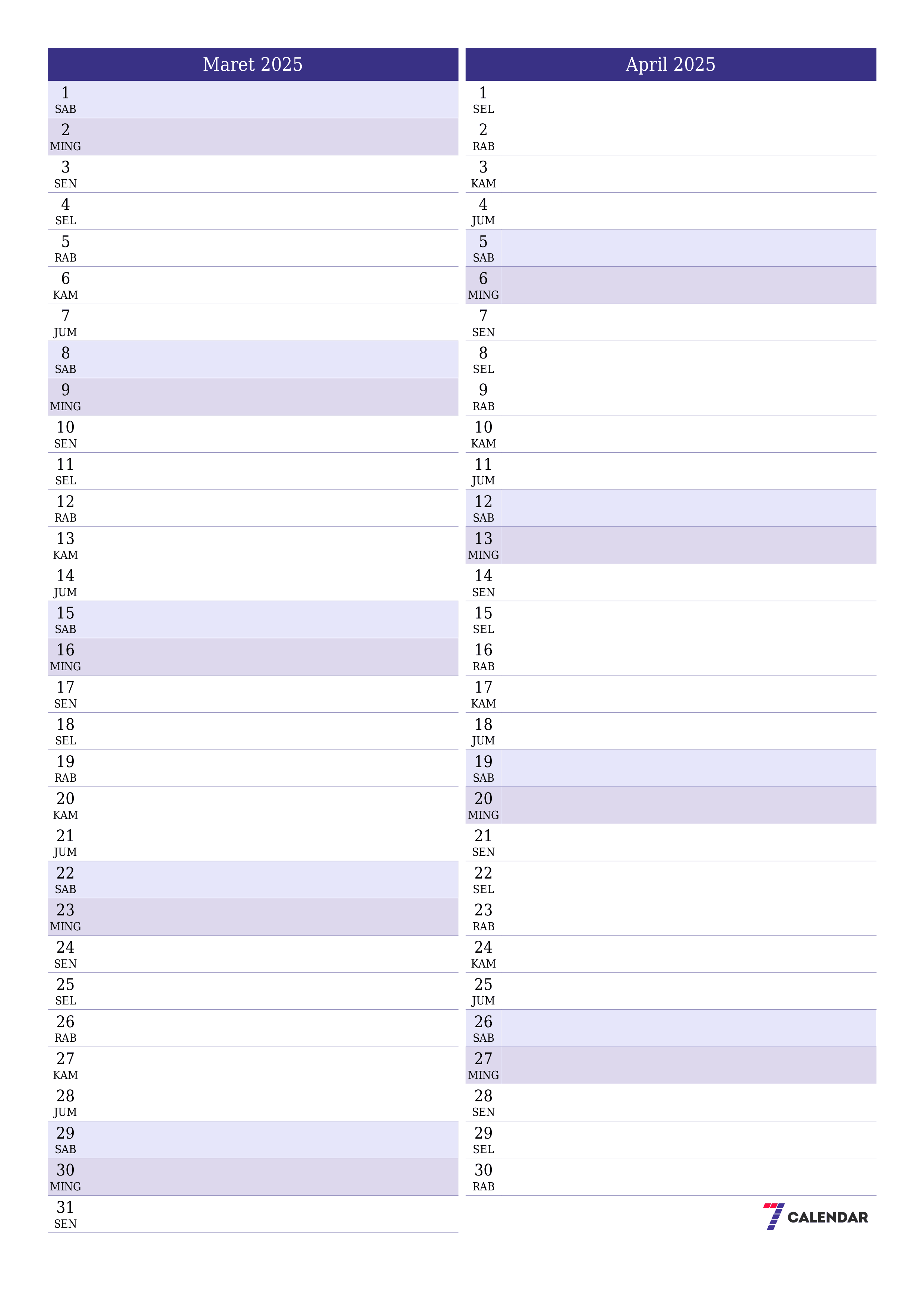 Kosongkan agenda bulanan untuk bulan Maret 2025 dengan catatan, simpan dan cetak ke PDF PNG Indonesian