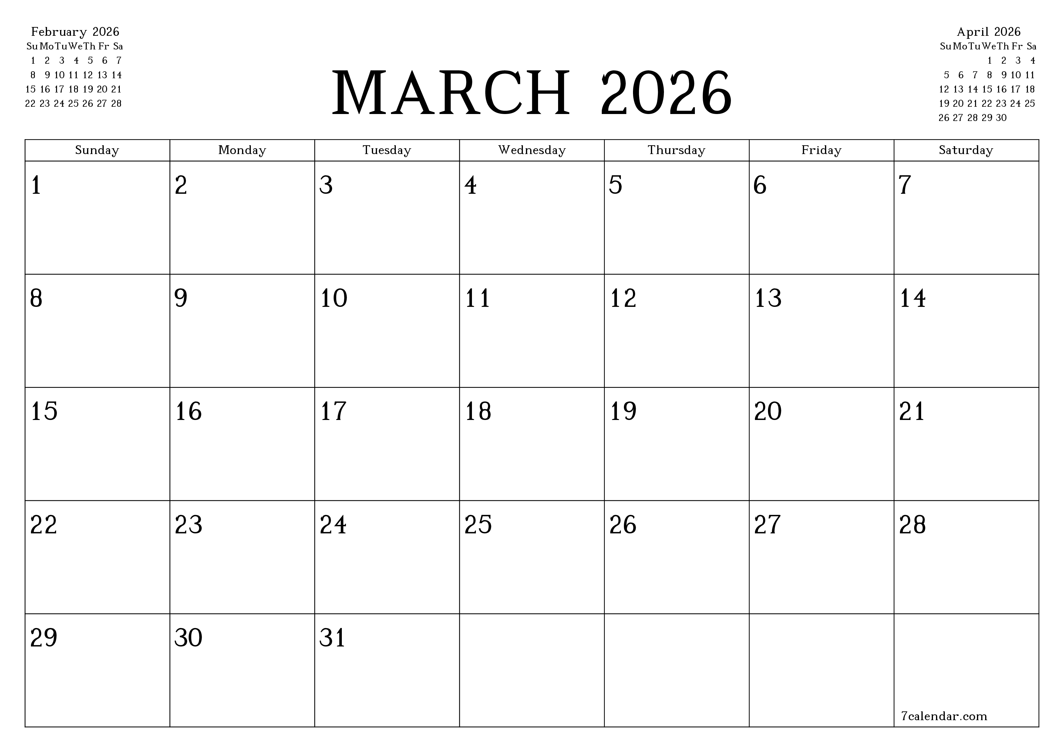 printable wall template free horizontal Monthly planner calendar March (Mar) 2026