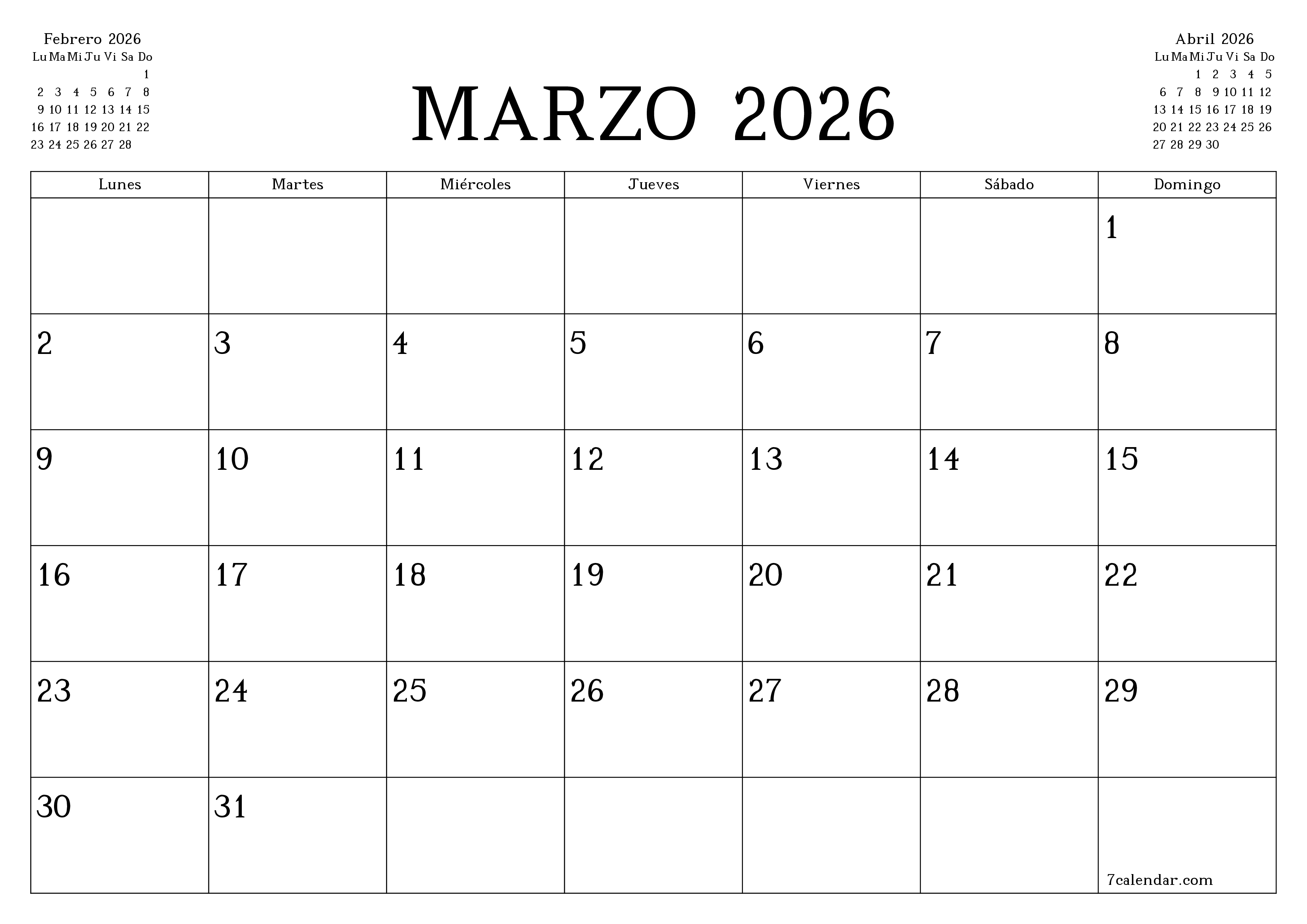 Planificador mensual vacío para el mes Marzo 2026 con notas, guardar e imprimir en PDF PNG Spanish