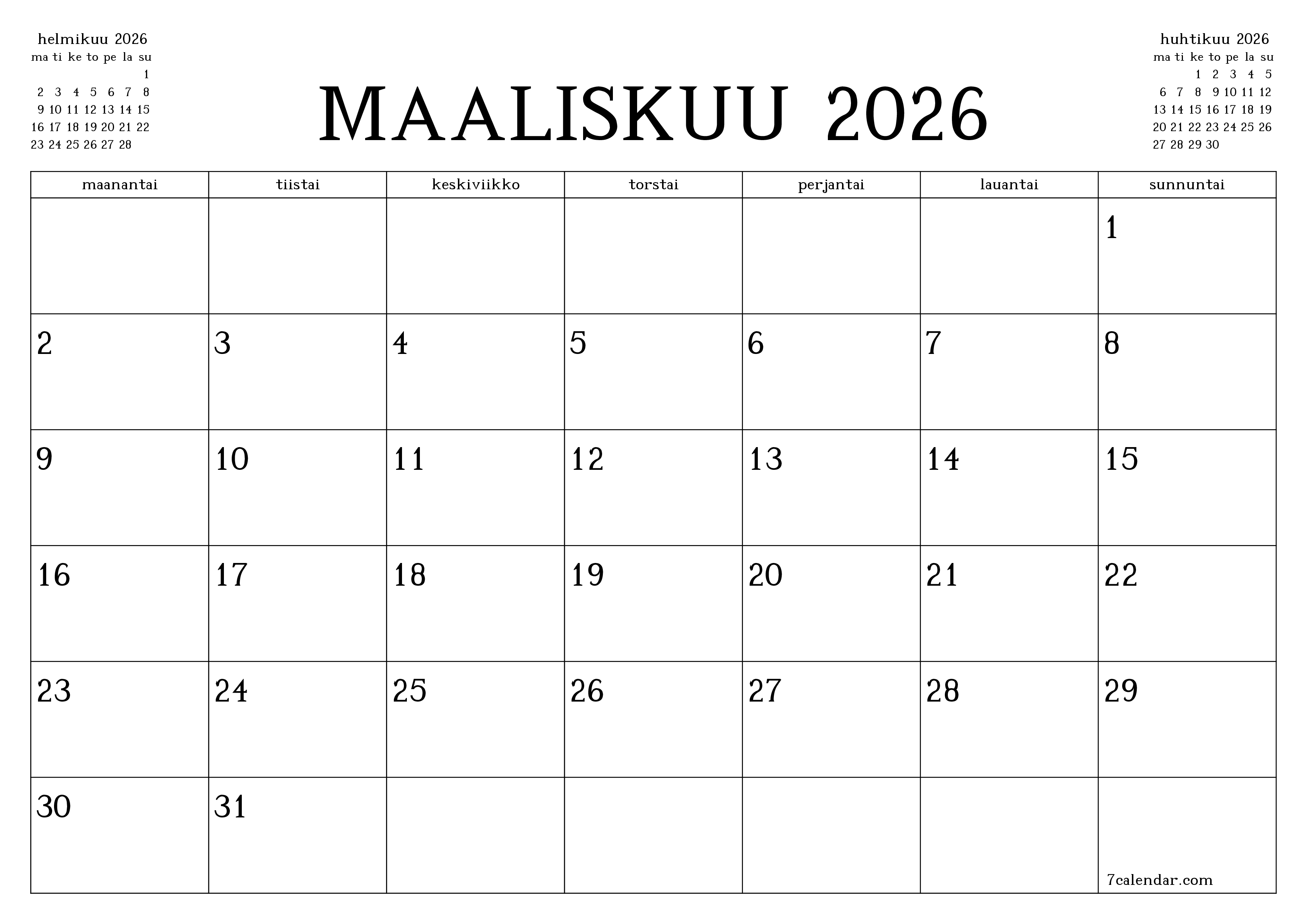 Tyhjennä kuukausittainen suunnittelija kuukaudelle Maaliskuu 2026 muistiinpanoilla, tallenna ja tulosta PDF-muotoon PNG Finnish