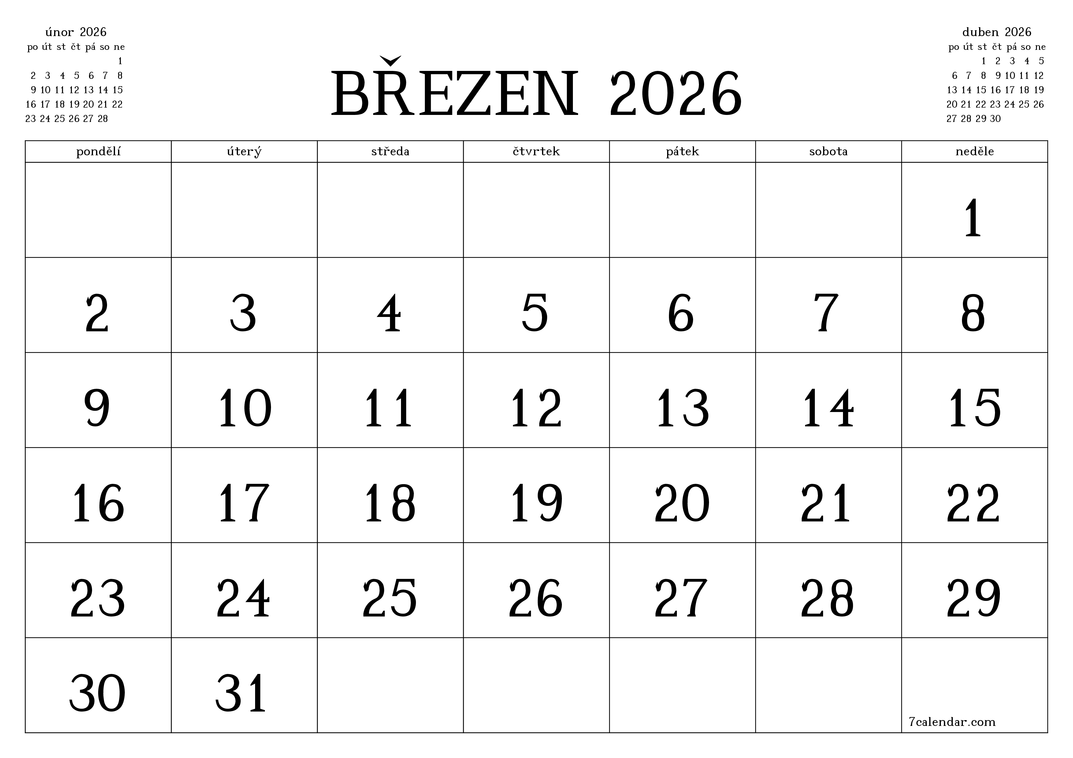 Vyprázdnit měsíční plánovač na měsíc březen 2026 s poznámkami, uložit a vytisknout do PDF PNG Czech