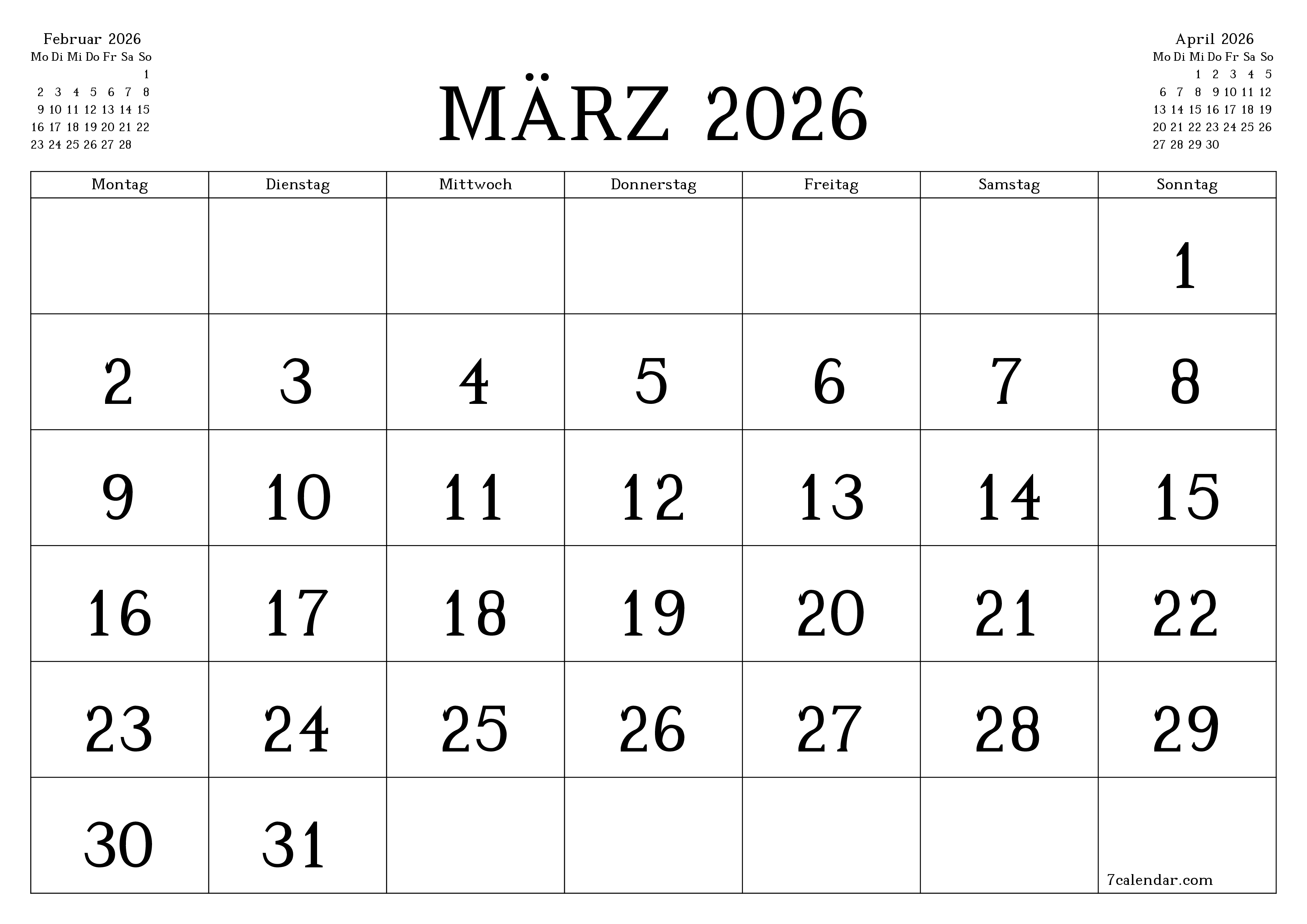 Monatsplaner für Monat März 2026 mit Notizen leeren, speichern und als PDF PNG German - 7calendar.com drucken