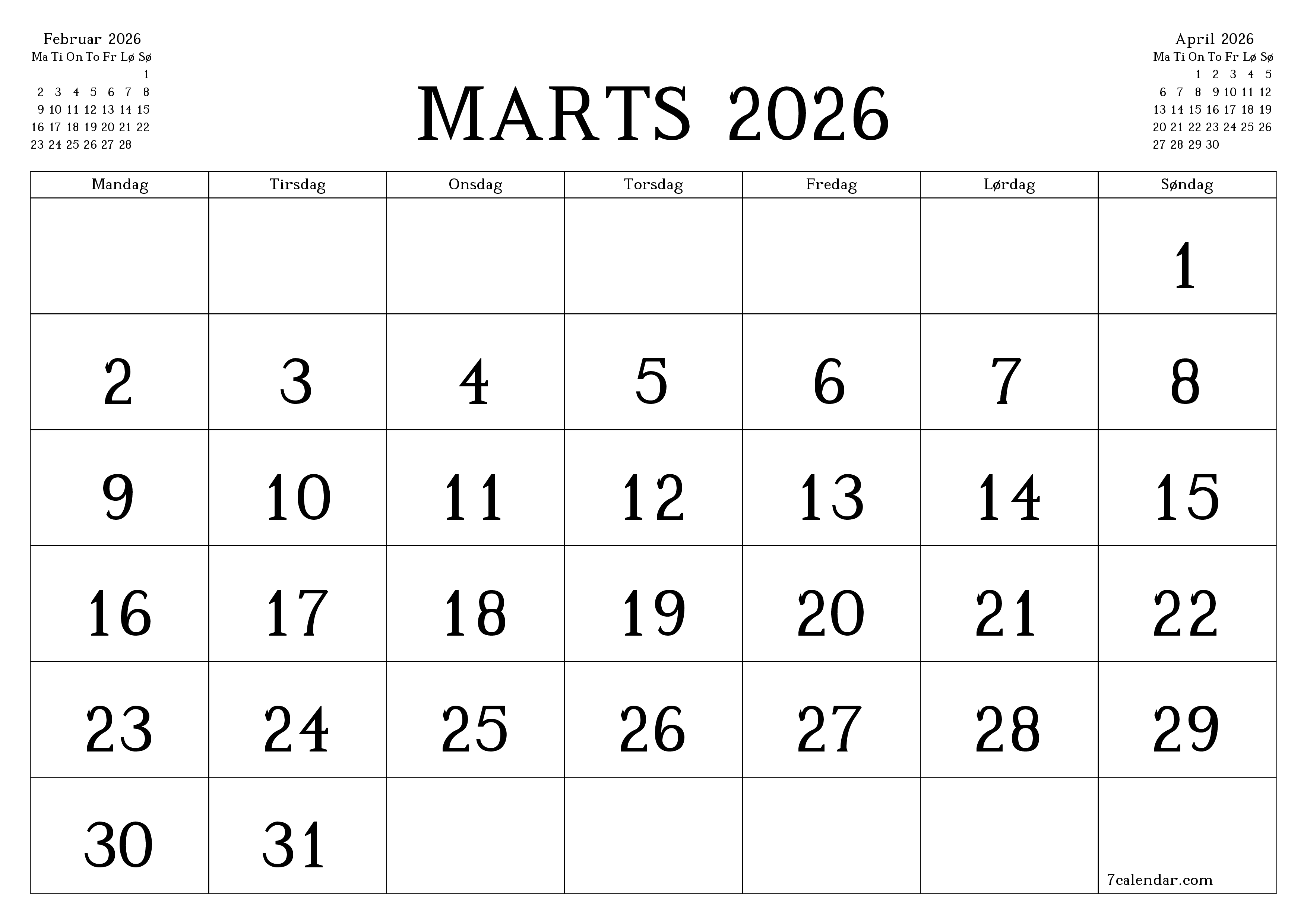 Tom månedlig planlægning for måned Marts 2026 med noter, gem og udskriv til PDF PNG Danish