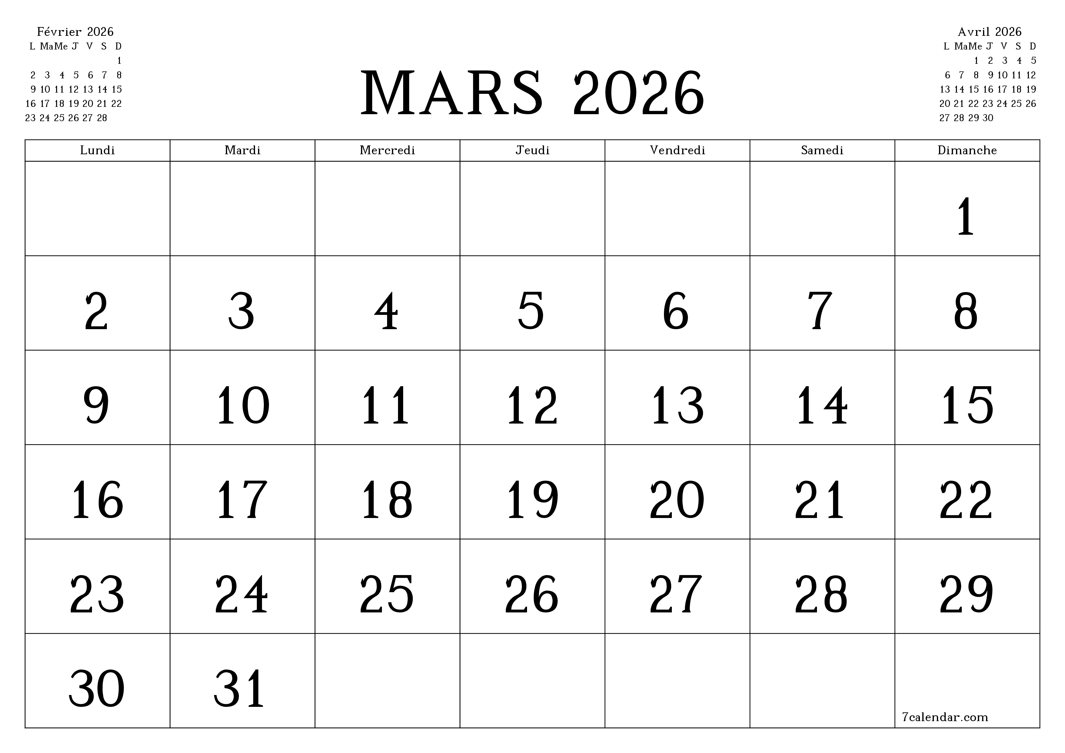 Agenda mensuel vide pour le mois Mars 2026 avec notes, enregistrez et imprimez au format PDF PNG French